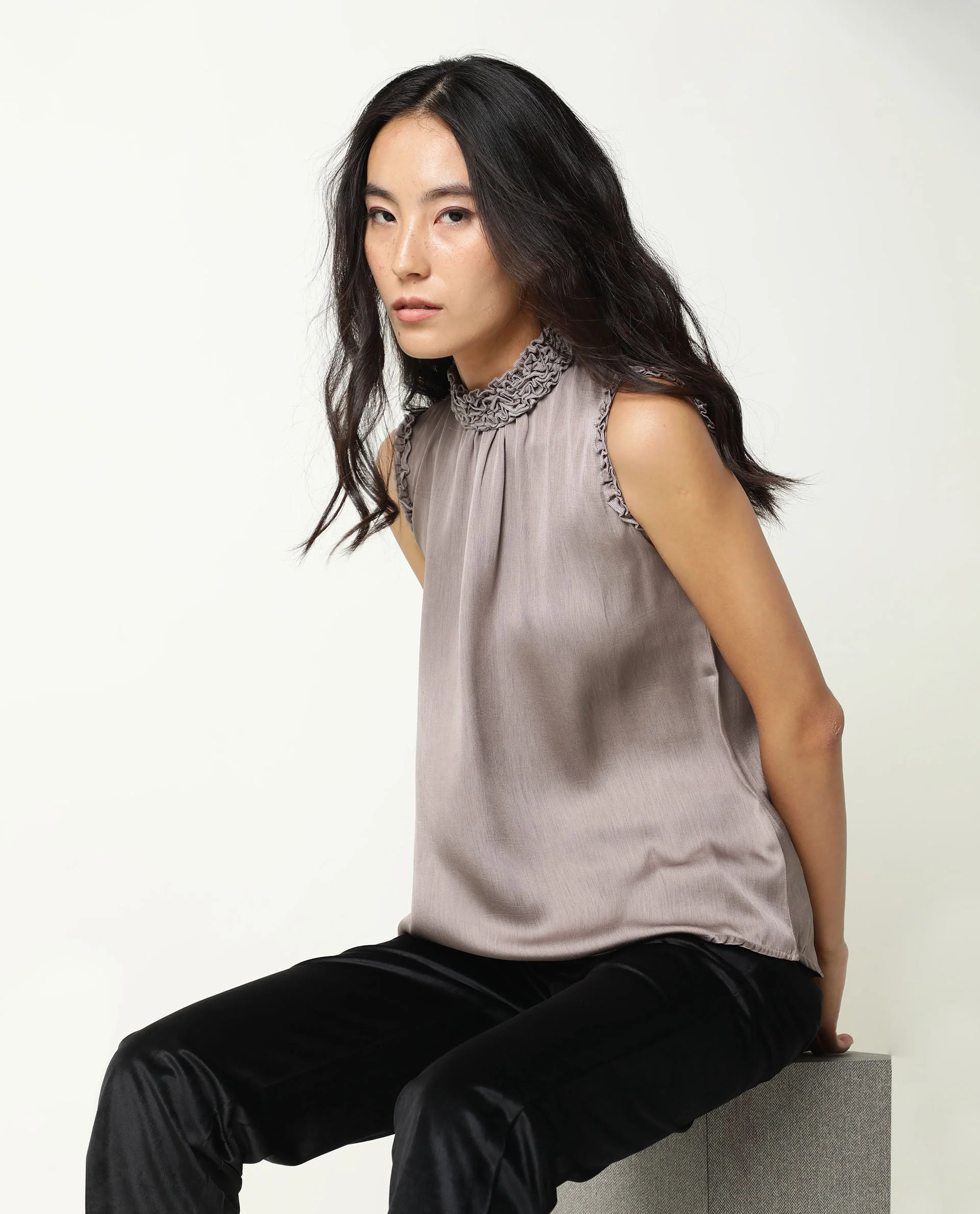 Rareism Womens Baileys Beige Top Polyester Fabric Sleeveless Ruffled Neck - Image 9