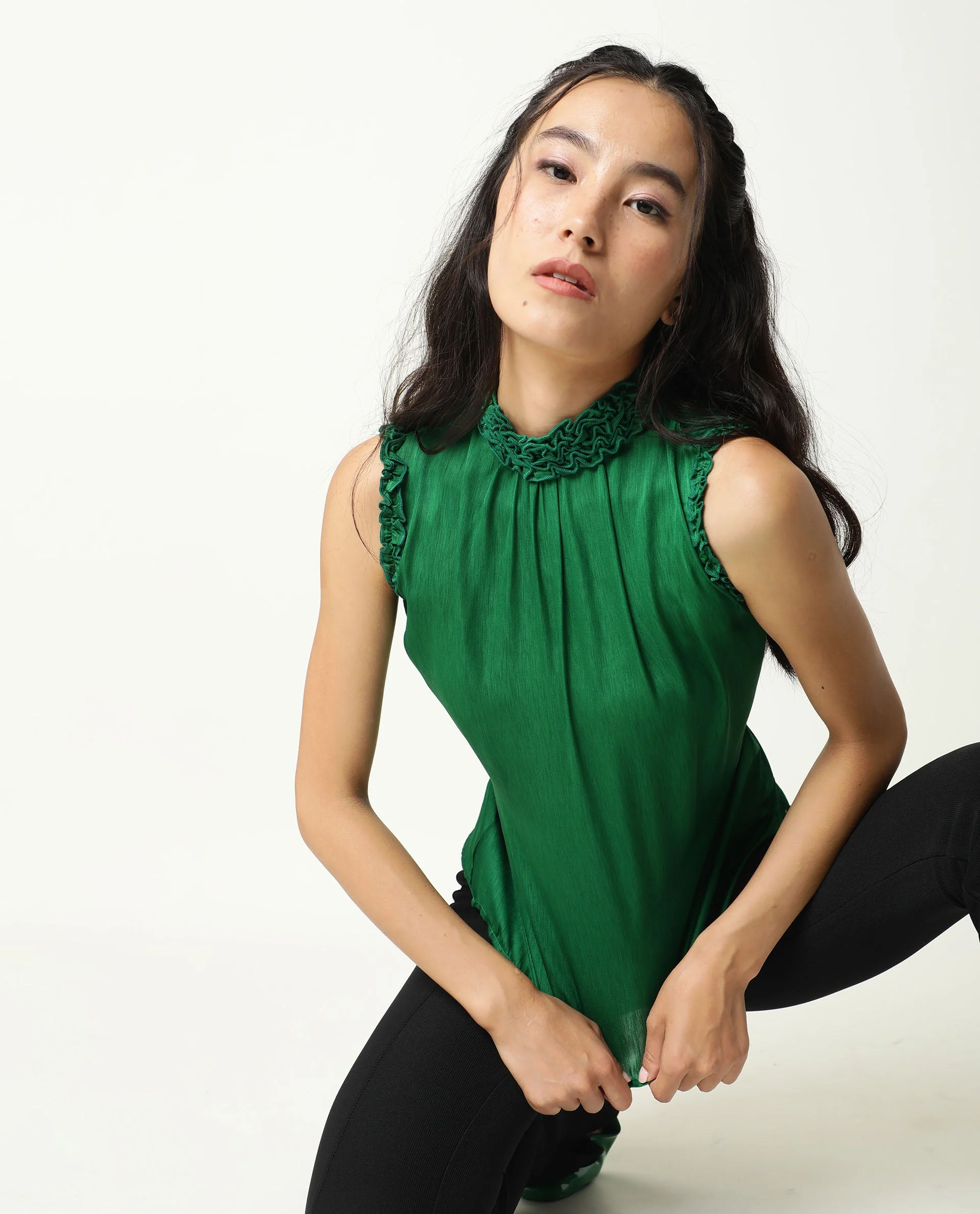 Rareism Womens Baileys Green Top Polyester Fabric Sleeveless Ruffled Neck
