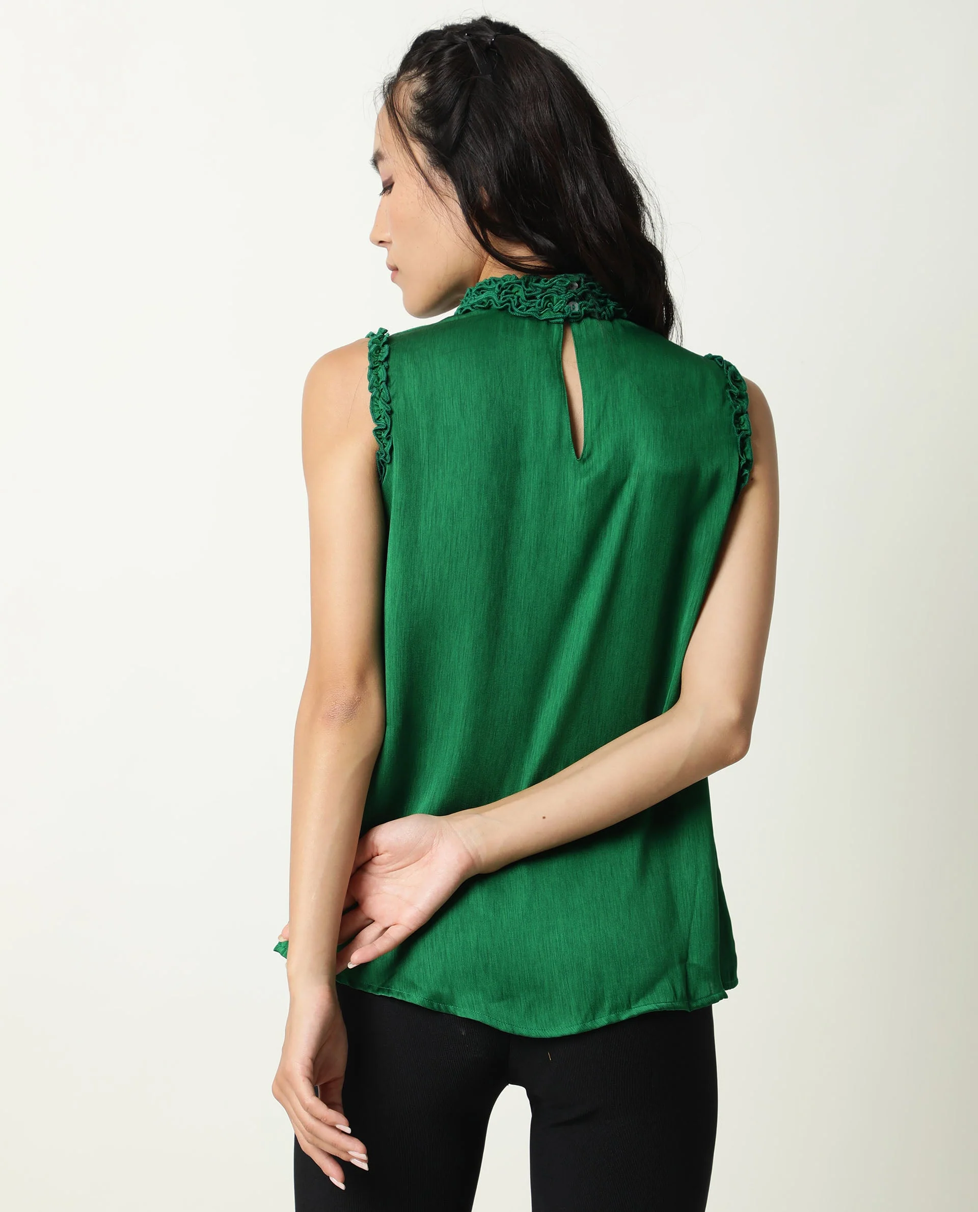 Rareism Womens Baileys Green Top Polyester Fabric Sleeveless Ruffled Neck - Image 11