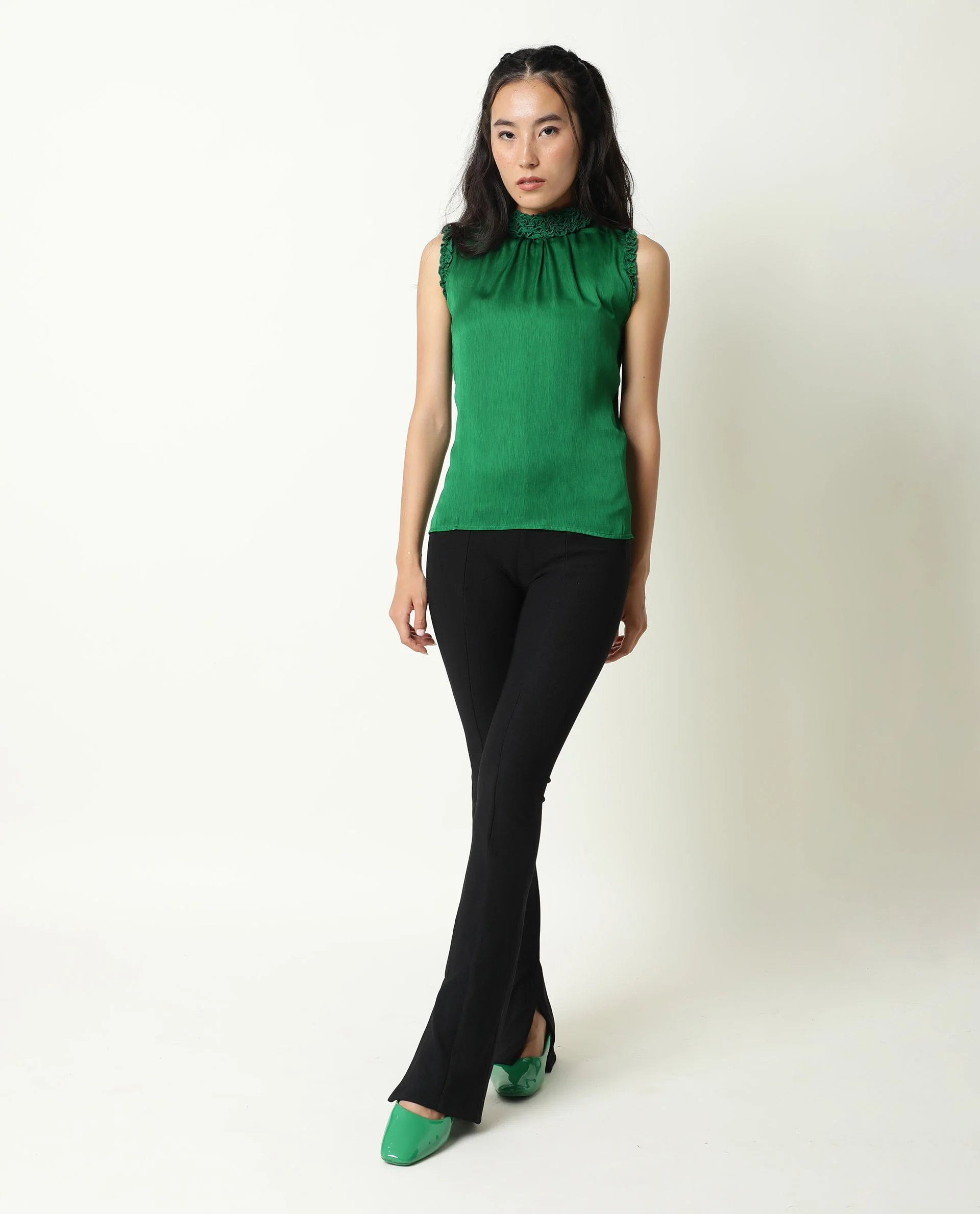 Rareism Womens Baileys Green Top Polyester Fabric Sleeveless Ruffled Neck - Image 4