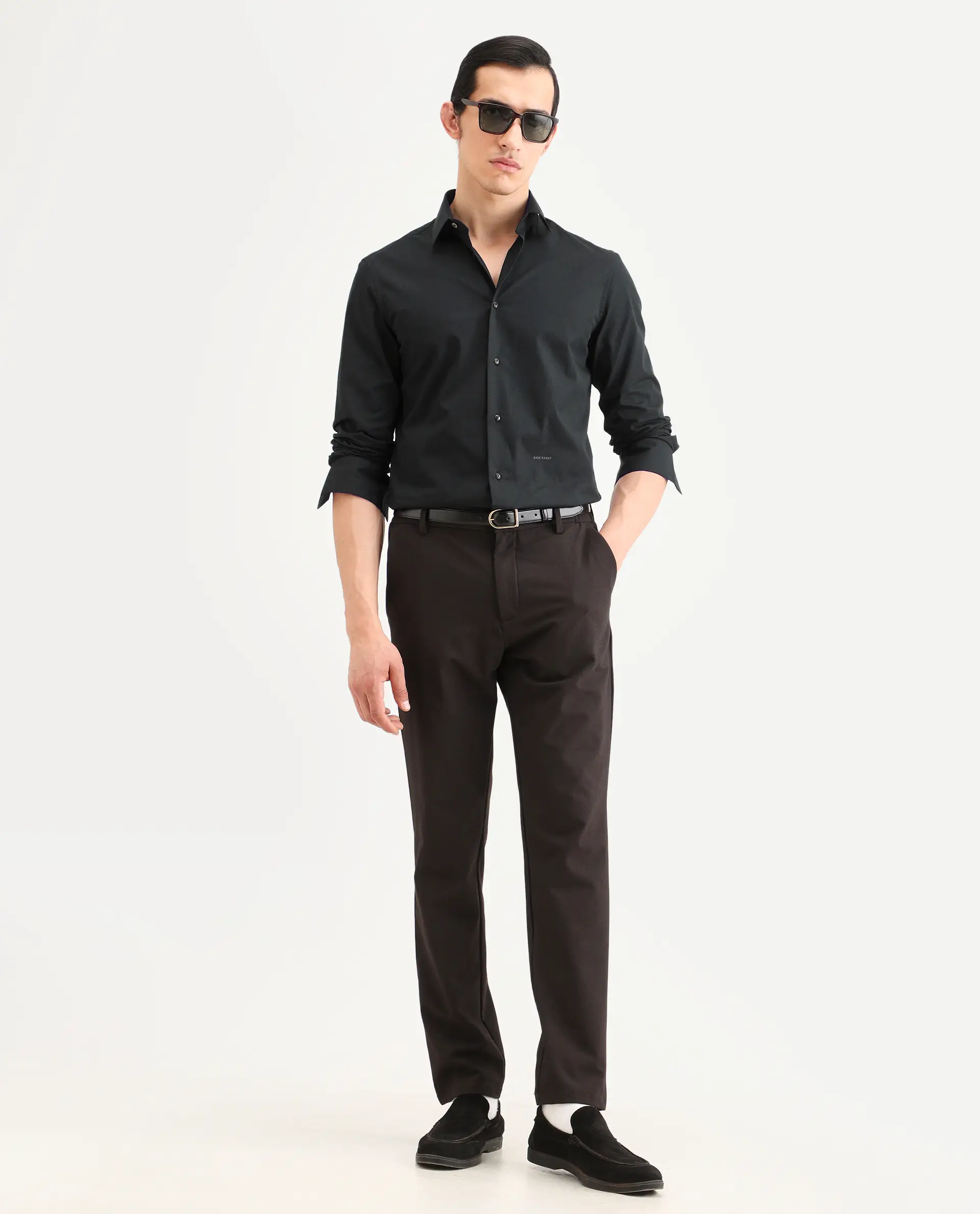 Rare Rabbit Men's Bains Black Cotton Fabric Full Sleeve Spread Collar Regular Fit Plain Shirt - Image 2