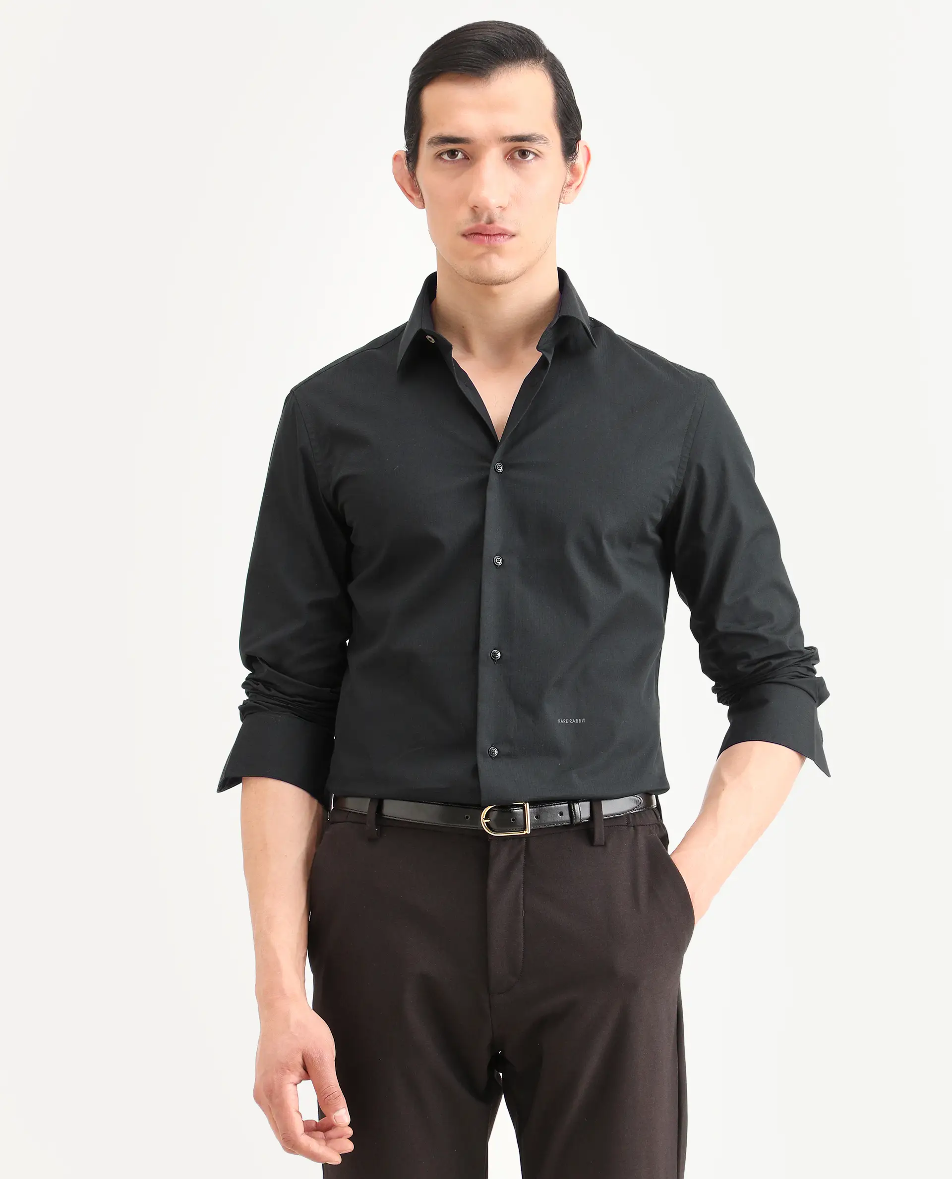 Rare Rabbit Men's Bains Black Cotton Fabric Full Sleeve Spread Collar Regular Fit Plain Shirt - Image 4