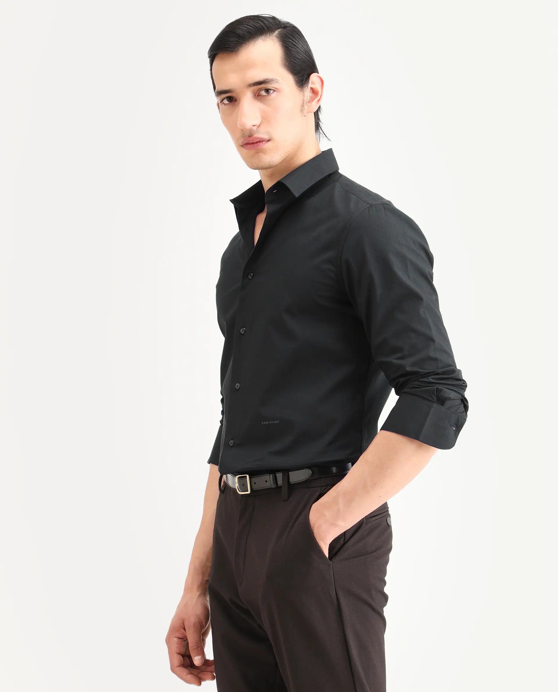 Rare Rabbit Men's Bains Black Cotton Fabric Full Sleeve Spread Collar Regular Fit Plain Shirt - Image 5