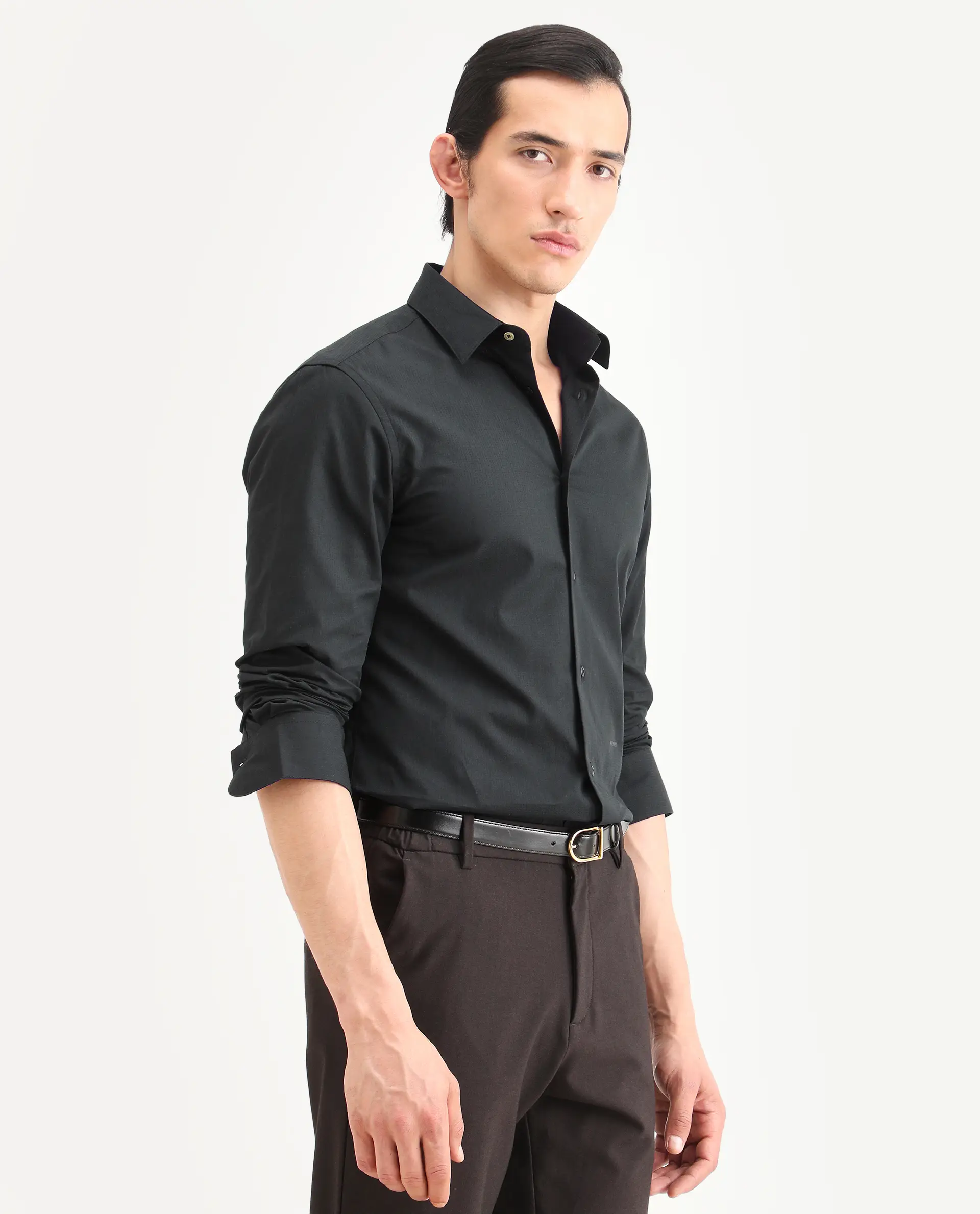 Rare Rabbit Men's Bains Black Cotton Fabric Full Sleeve Spread Collar Regular Fit Plain Shirt - Image 6