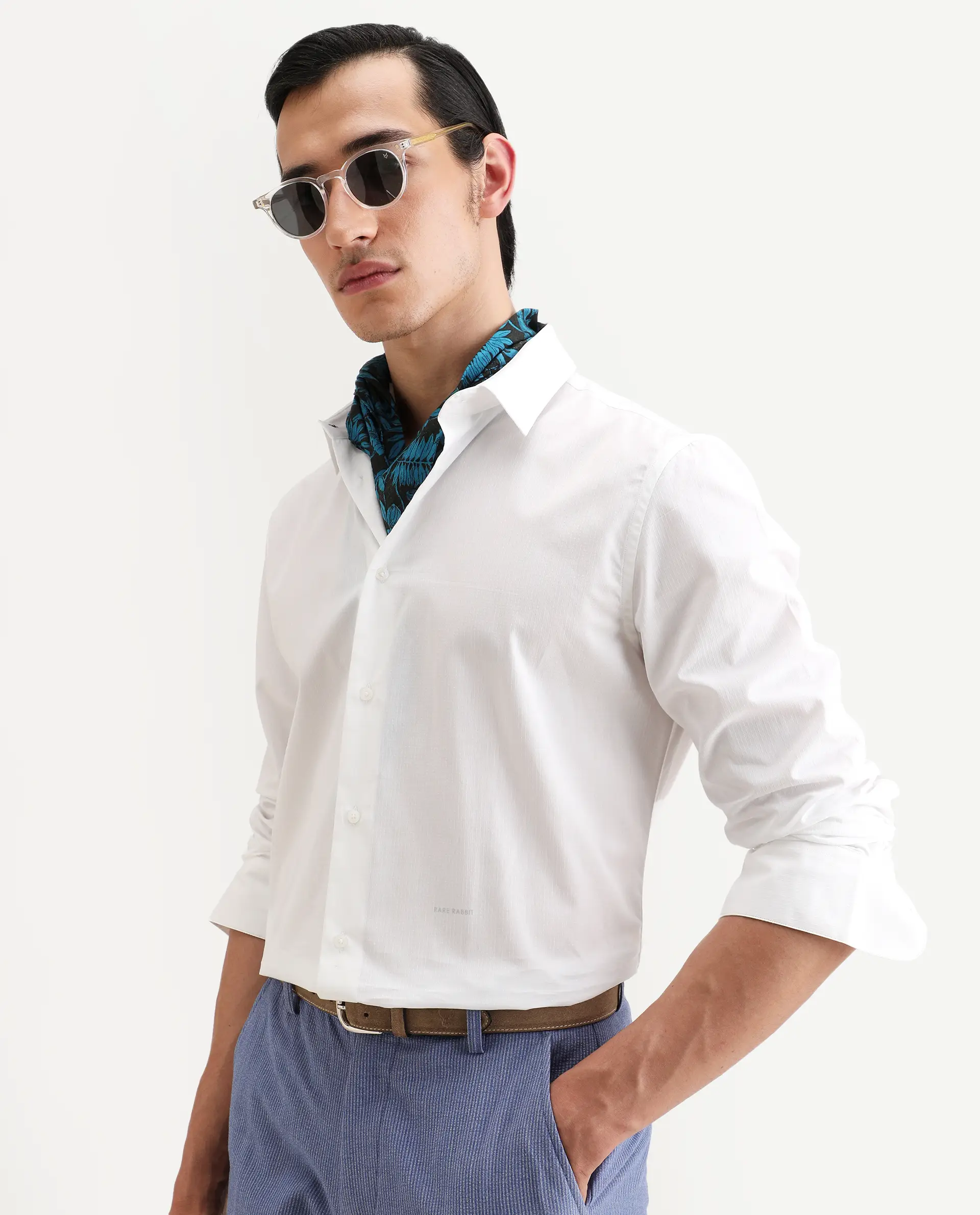 Rare Rabbit Men's Bains White Cotton Fabric Full Sleeve Spread Collar Regular Fit Plain Shirt