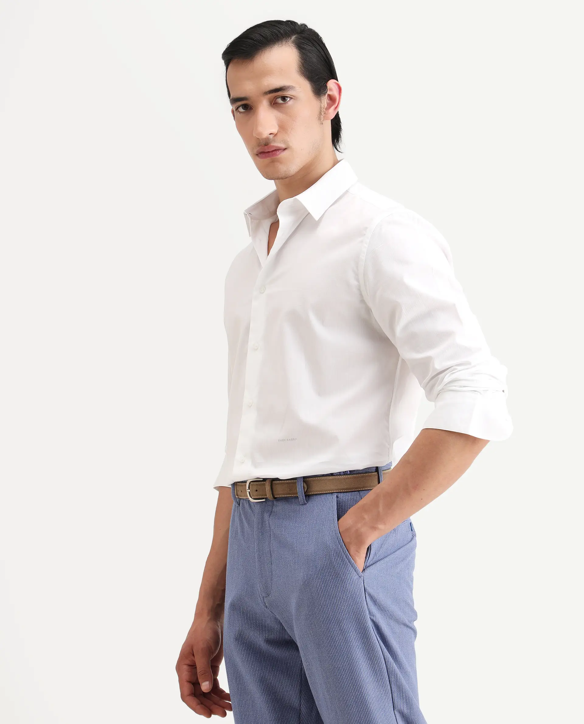 Rare Rabbit Men's Bains White Cotton Fabric Full Sleeve Spread Collar Regular Fit Plain Shirt - Image 5
