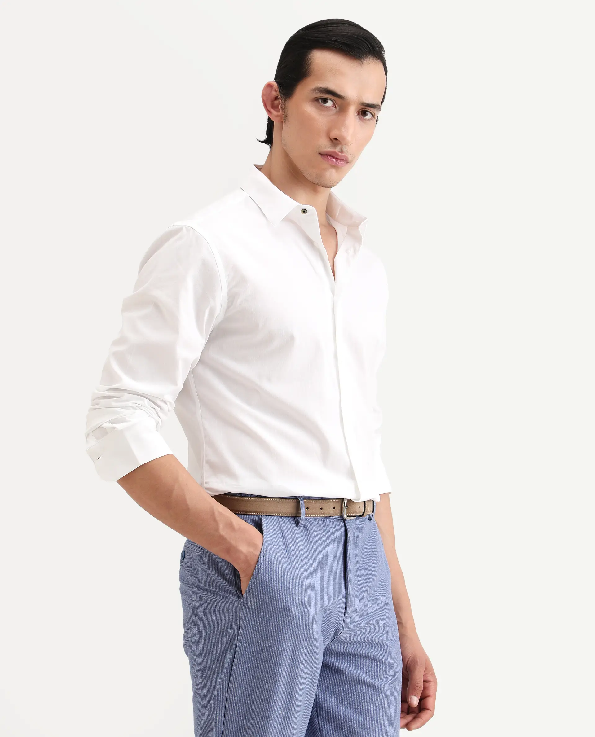 Rare Rabbit Men's Bains White Cotton Fabric Full Sleeve Spread Collar Regular Fit Plain Shirt - Image 6