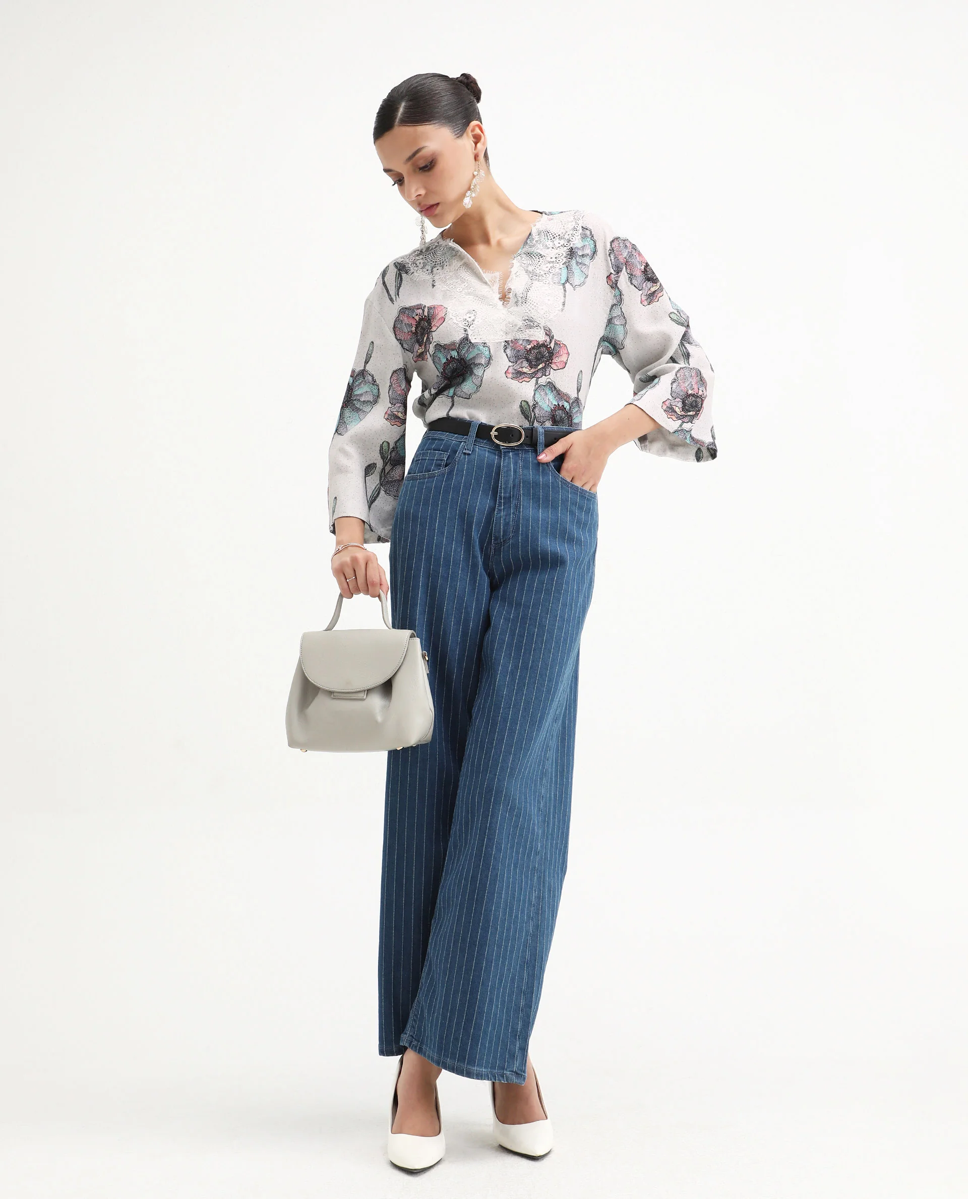 Rareism Women's Baizen Multi Cotton Linen Tie-Up Neck Floral Print Bell Sleeve Regular Fit Top - Image 2