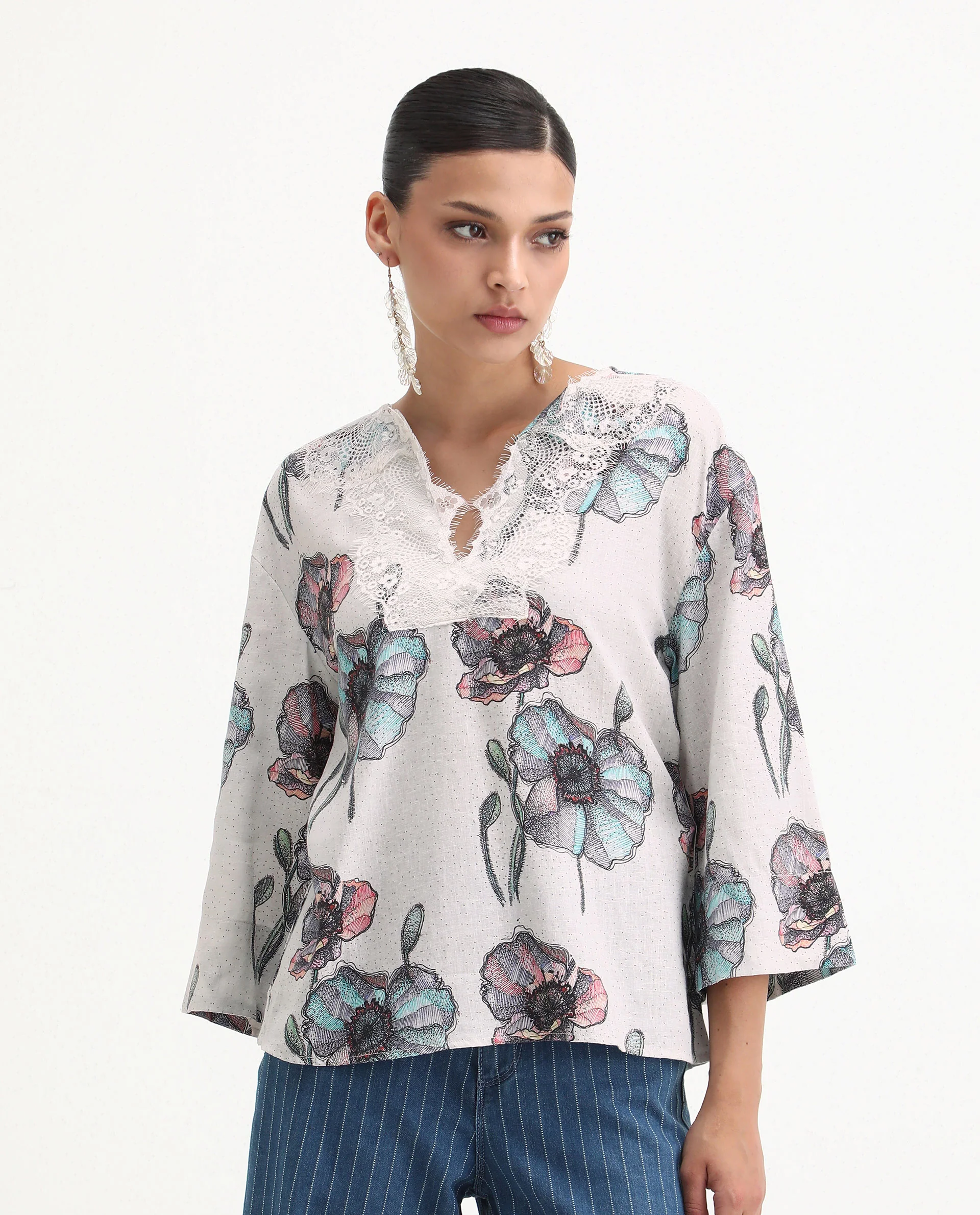 Rareism Women's Baizen Multi Cotton Linen Tie-Up Neck Floral Print Bell Sleeve Regular Fit Top - Image 3