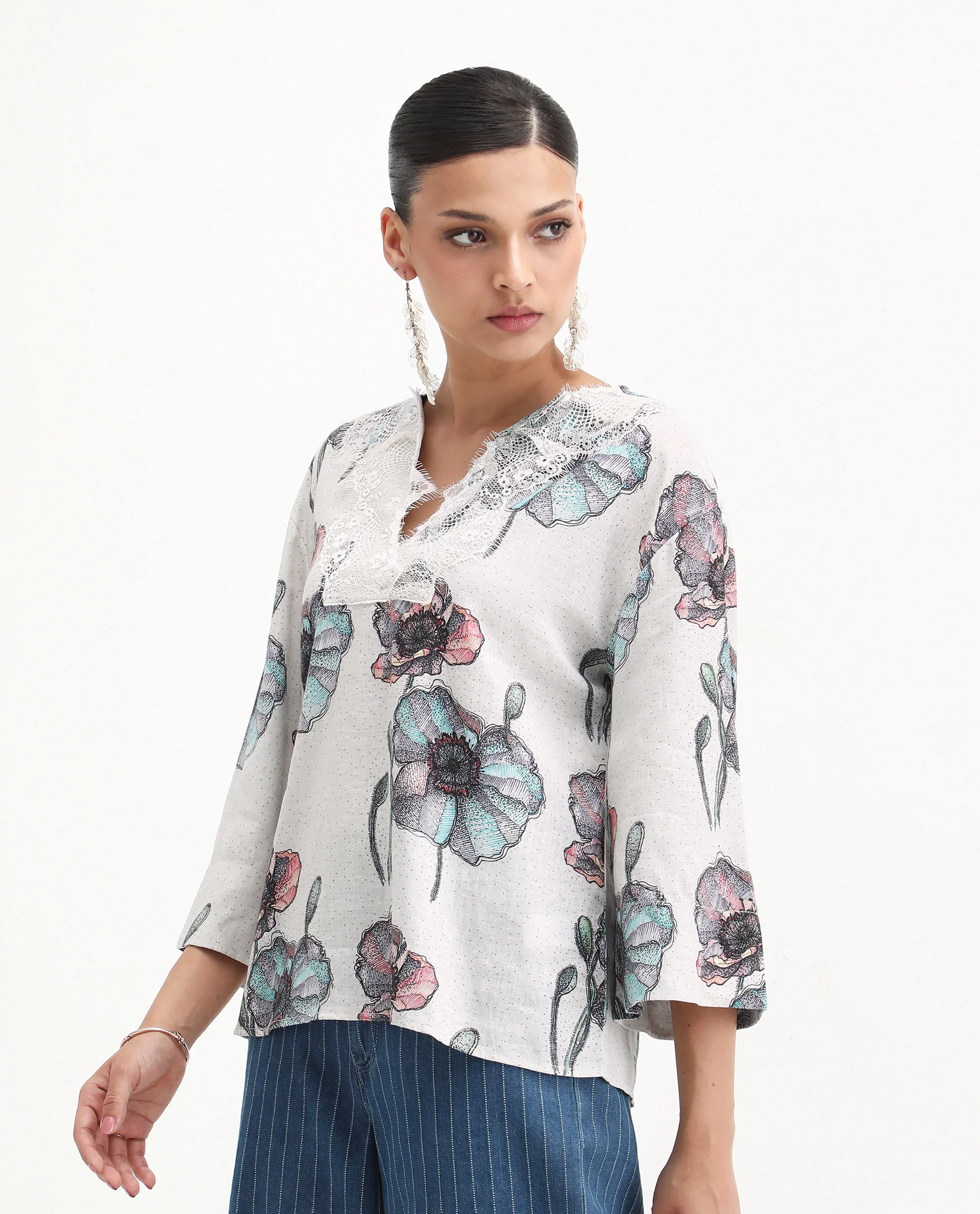 Rareism Women's Baizen Multi Cotton Linen Tie-Up Neck Floral Print Bell Sleeve Regular Fit Top - Image 4
