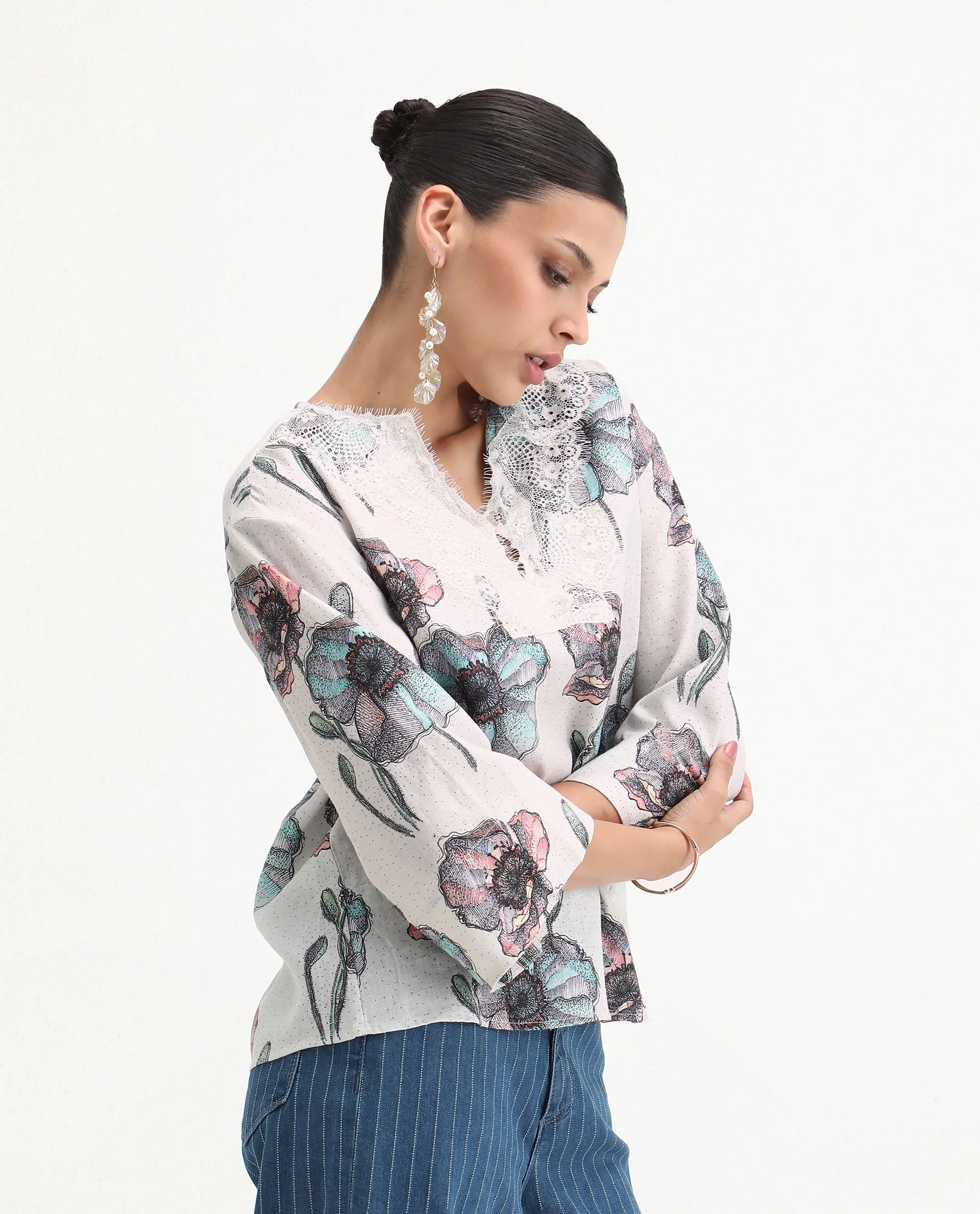 Rareism Women's Baizen Multi Cotton Linen Tie-Up Neck Floral Print Bell Sleeve Regular Fit Top - Image 5