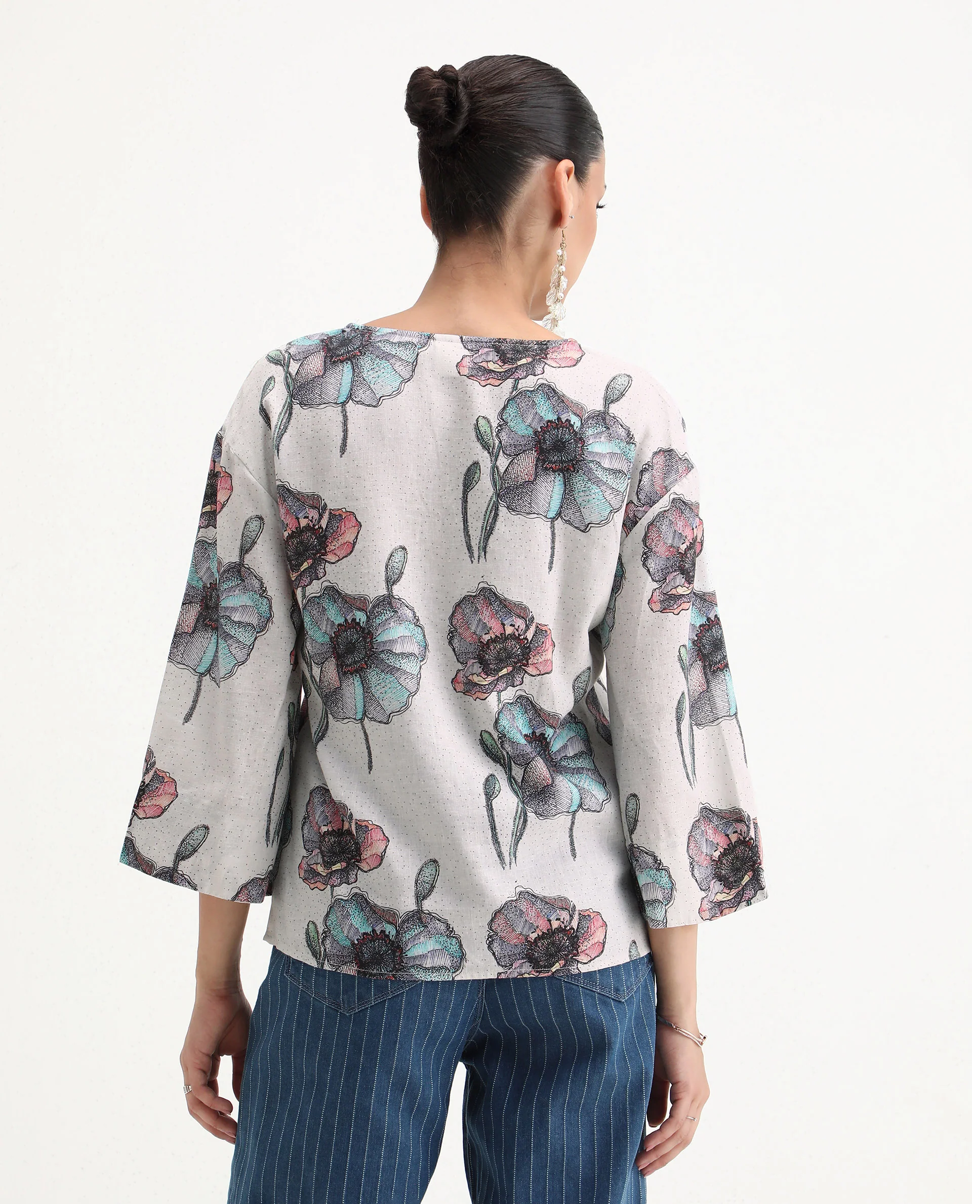 Rareism Women's Baizen Multi Cotton Linen Tie-Up Neck Floral Print Bell Sleeve Regular Fit Top - Image 6