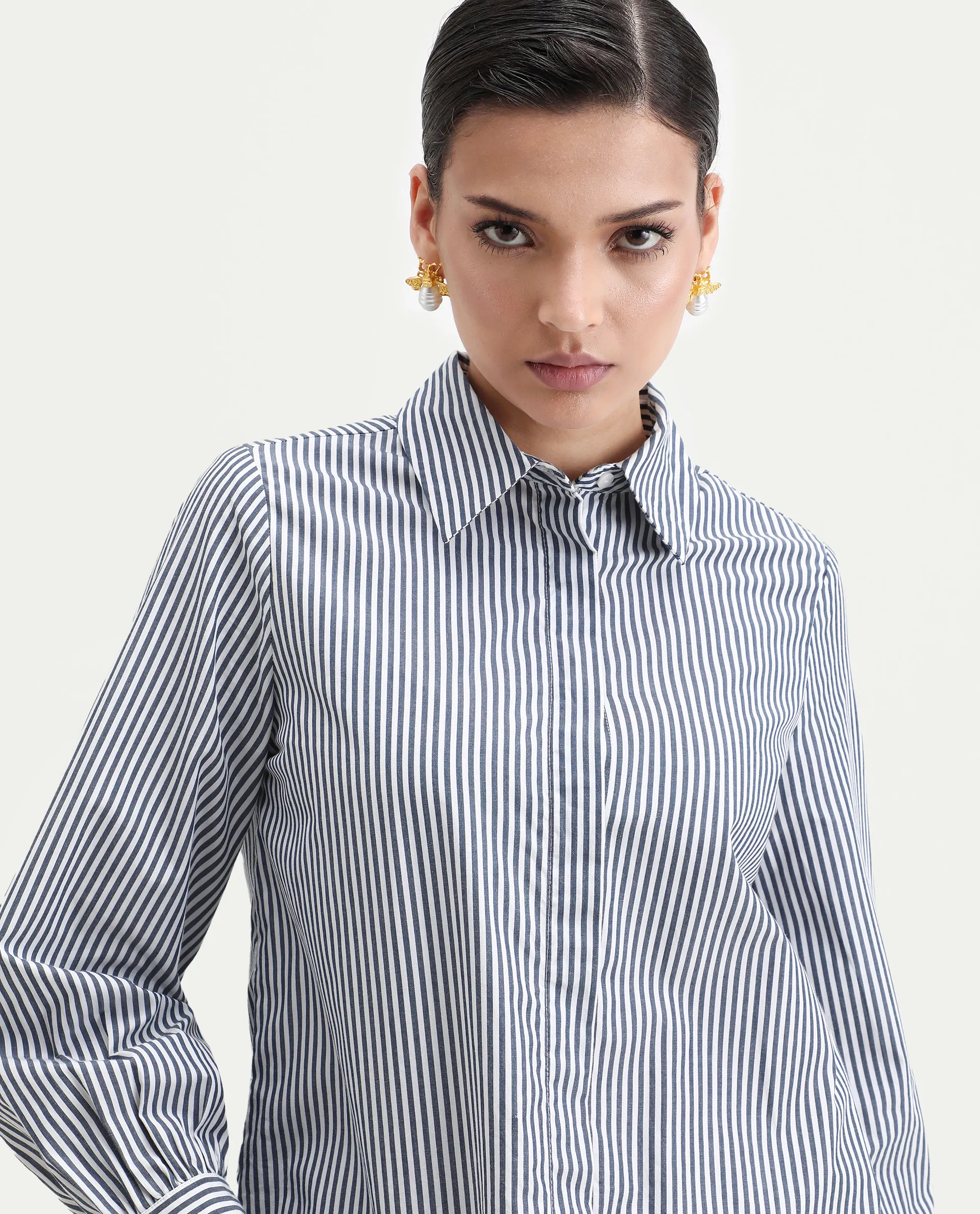 Rareism Women's Bajoc Navy Cotton Collared Neck Regular Fit Shirt