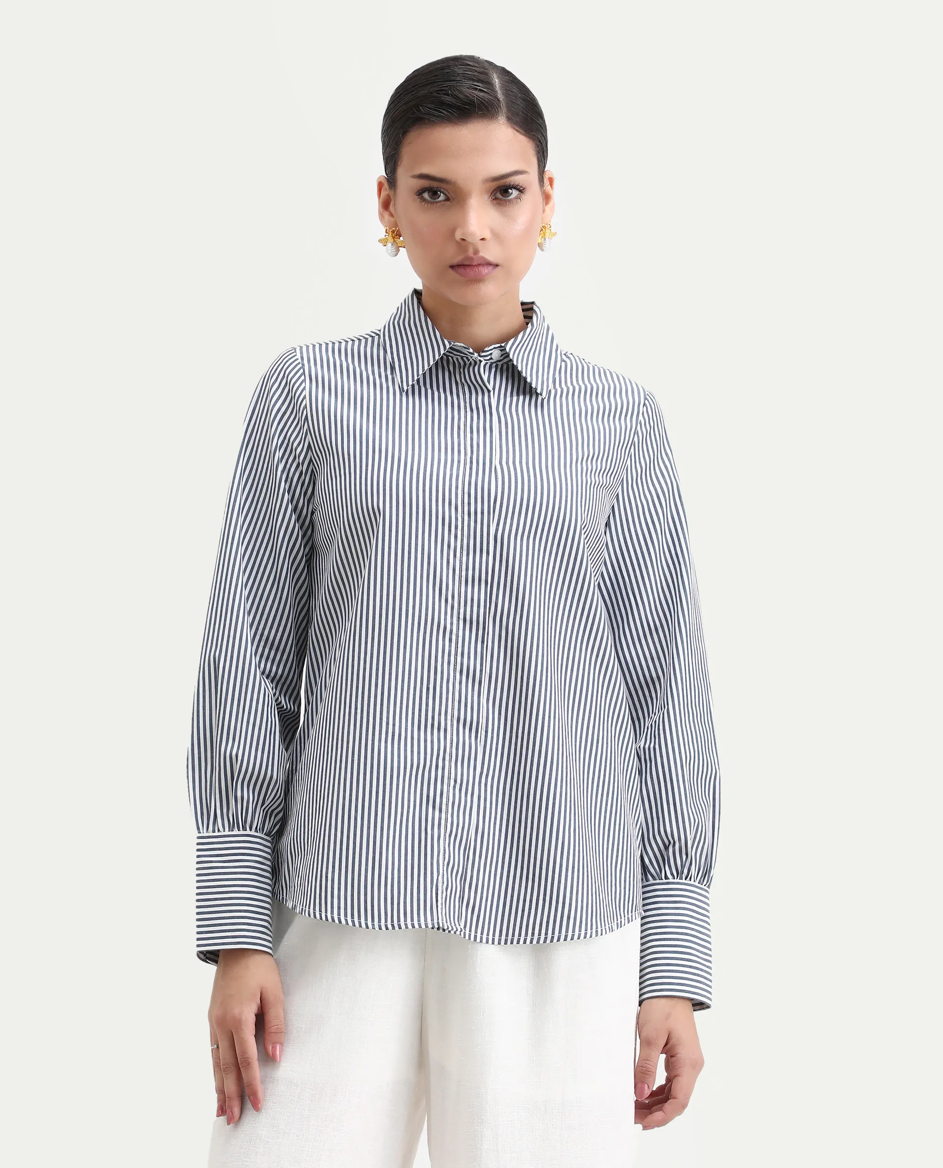 Rareism Women's Bajoc Navy Cotton Collared Neck Regular Fit Shirt - Image 4