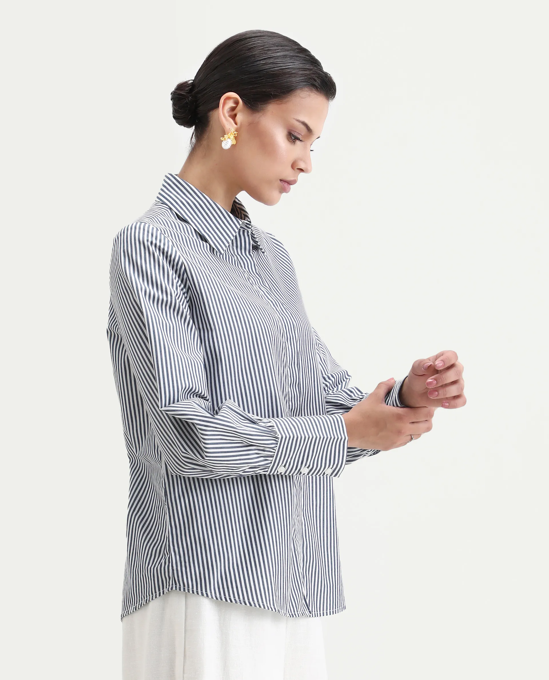 Rareism Women's Bajoc Navy Cotton Collared Neck Regular Fit Shirt - Image 5