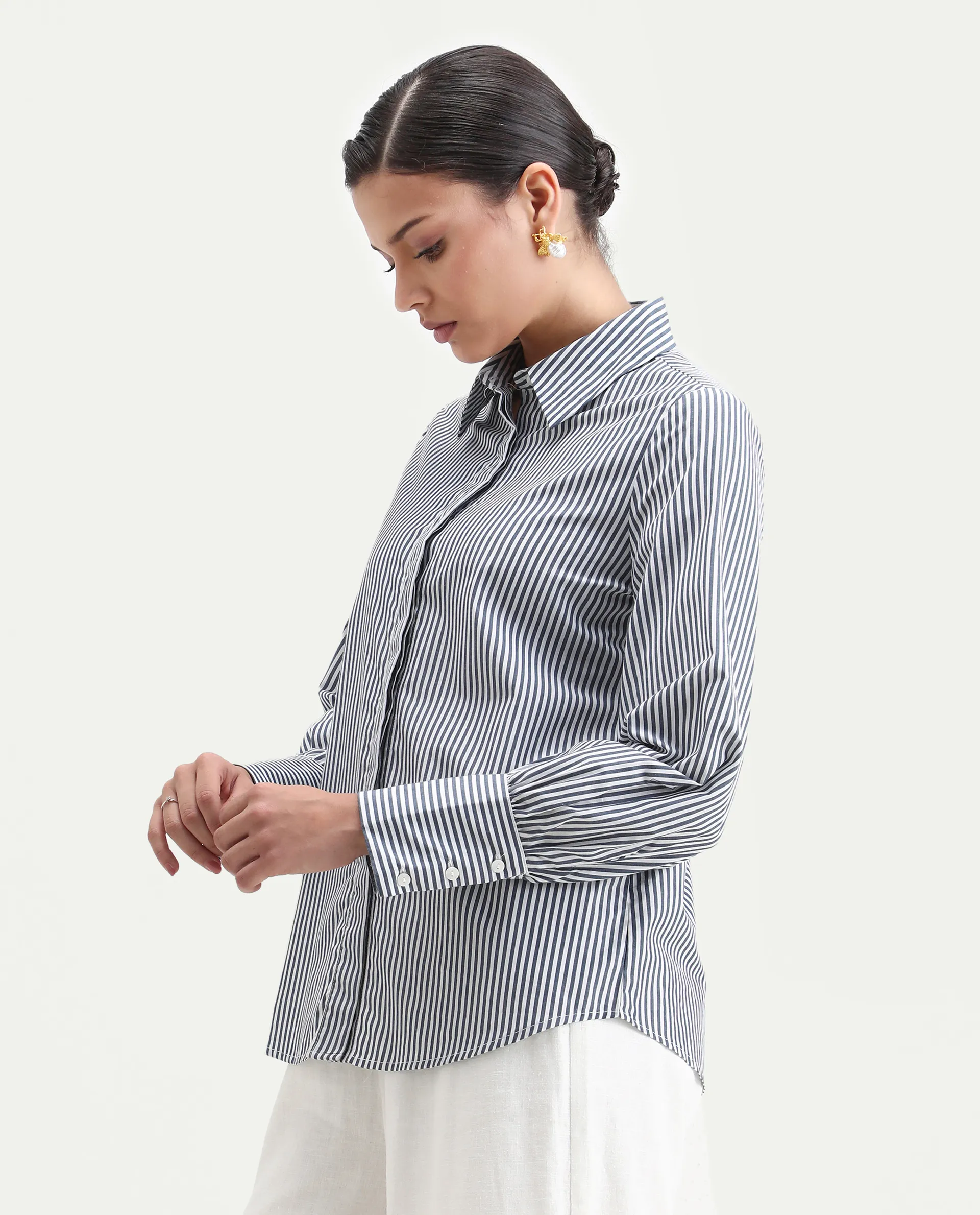 Rareism Women's Bajoc Navy Cotton Collared Neck Regular Fit Shirt - Image 6