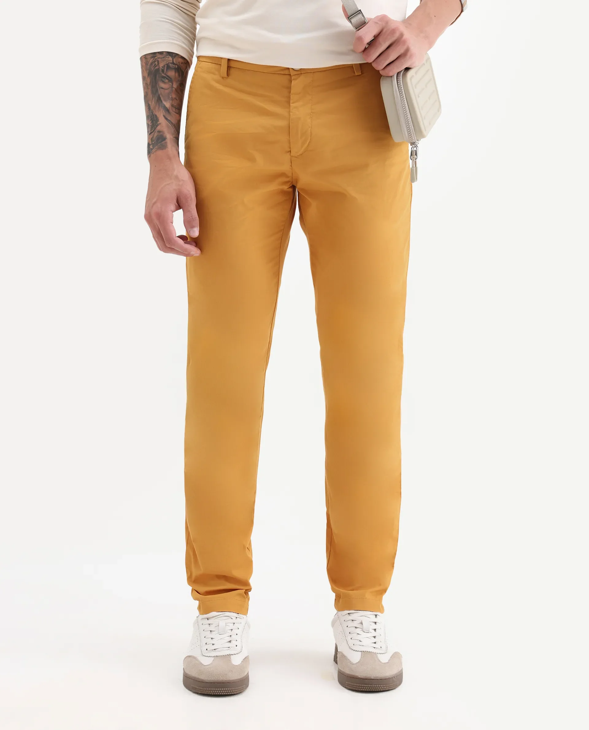 Rare Rabbit Men's Bake Mustard Cotton Plain Regular Fit Trouser - Image 2