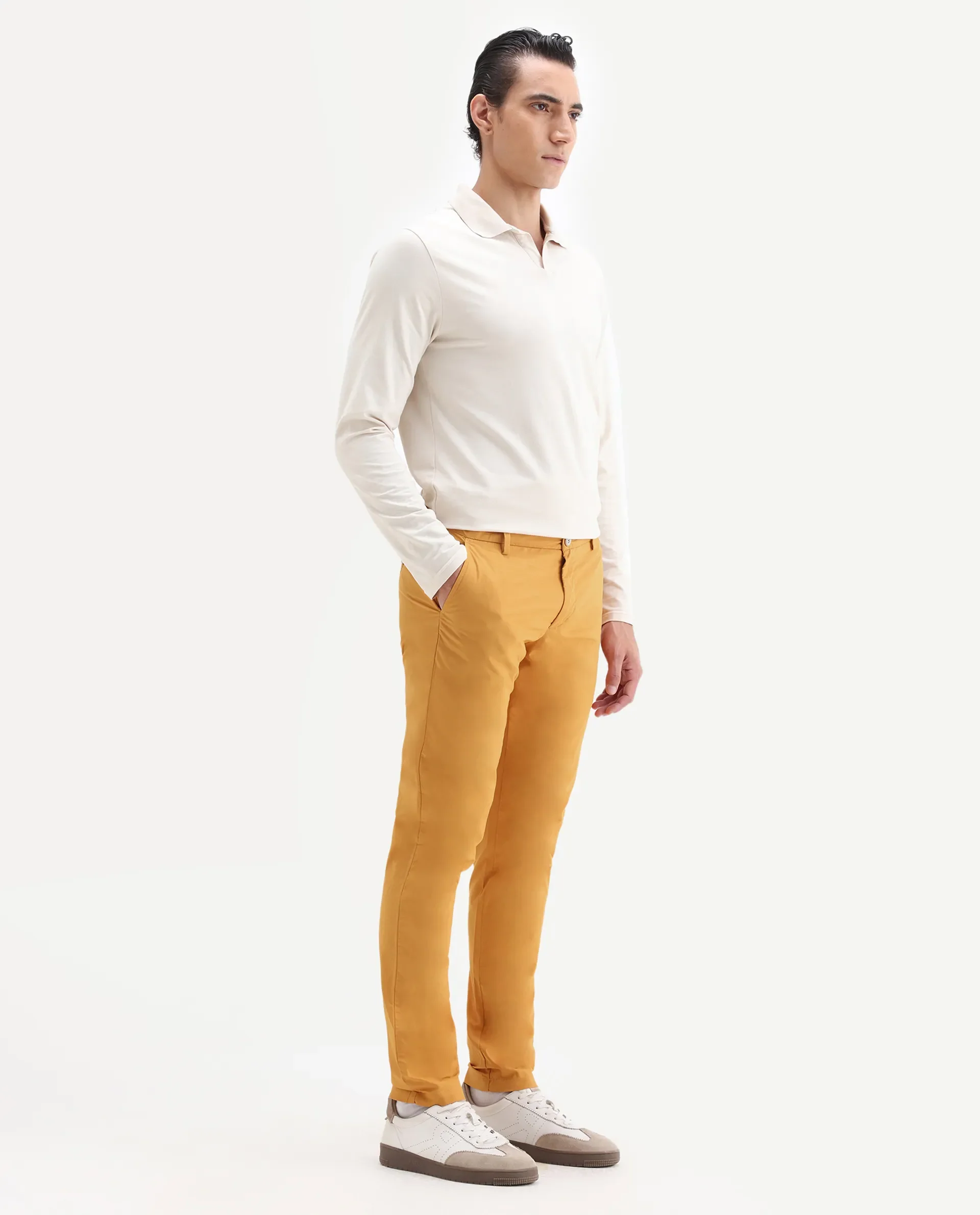 Rare Rabbit Men's Bake Mustard Cotton Plain Regular Fit Trouser - Image 4