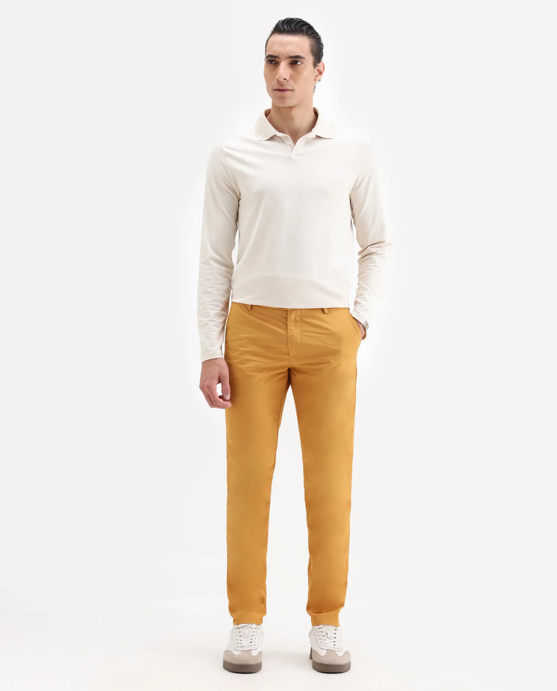 Rare Rabbit Men's Bake Mustard Cotton Plain Regular Fit Trouser - Image 5