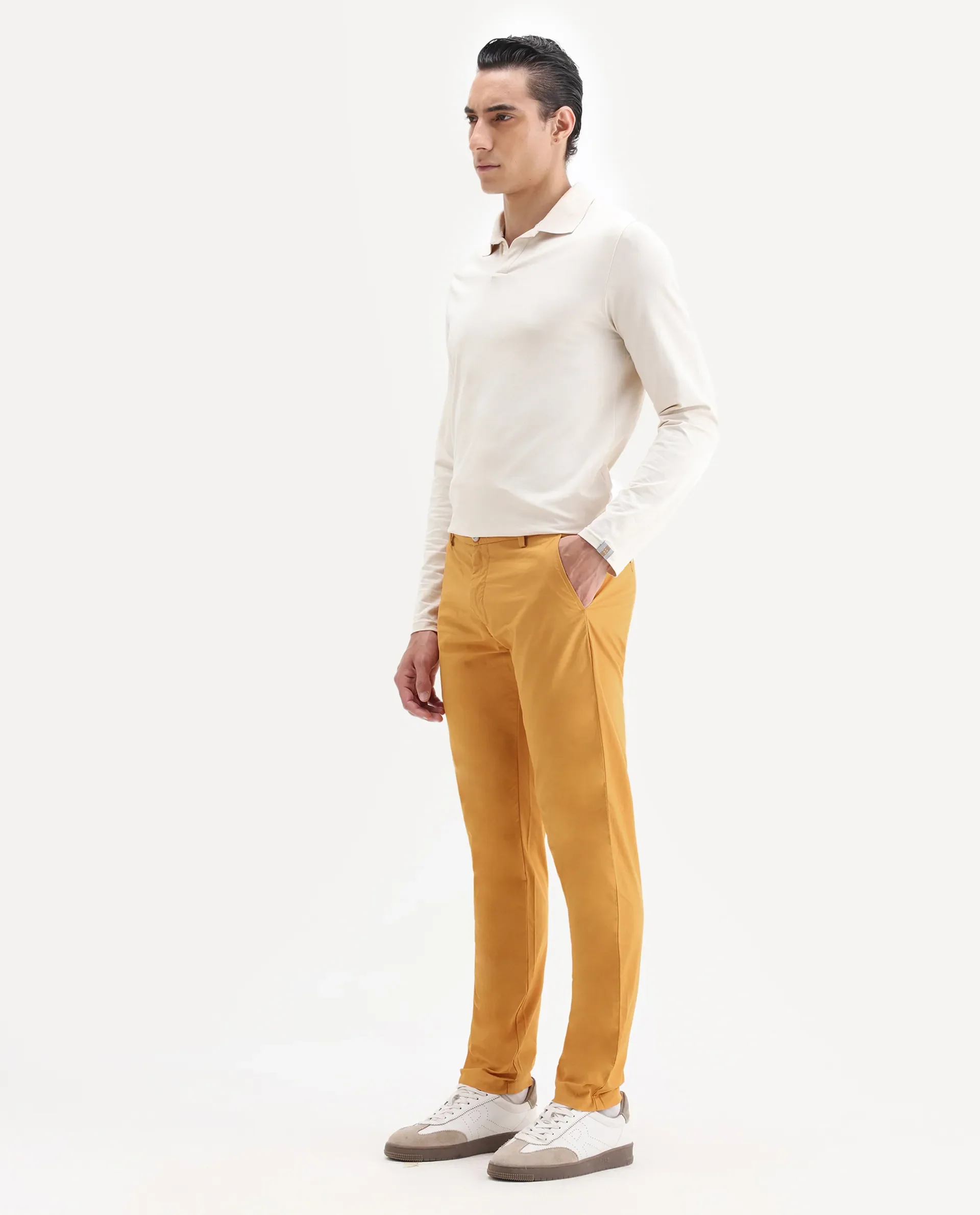 Rare Rabbit Men's Bake Mustard Cotton Plain Regular Fit Trouser - Image 6