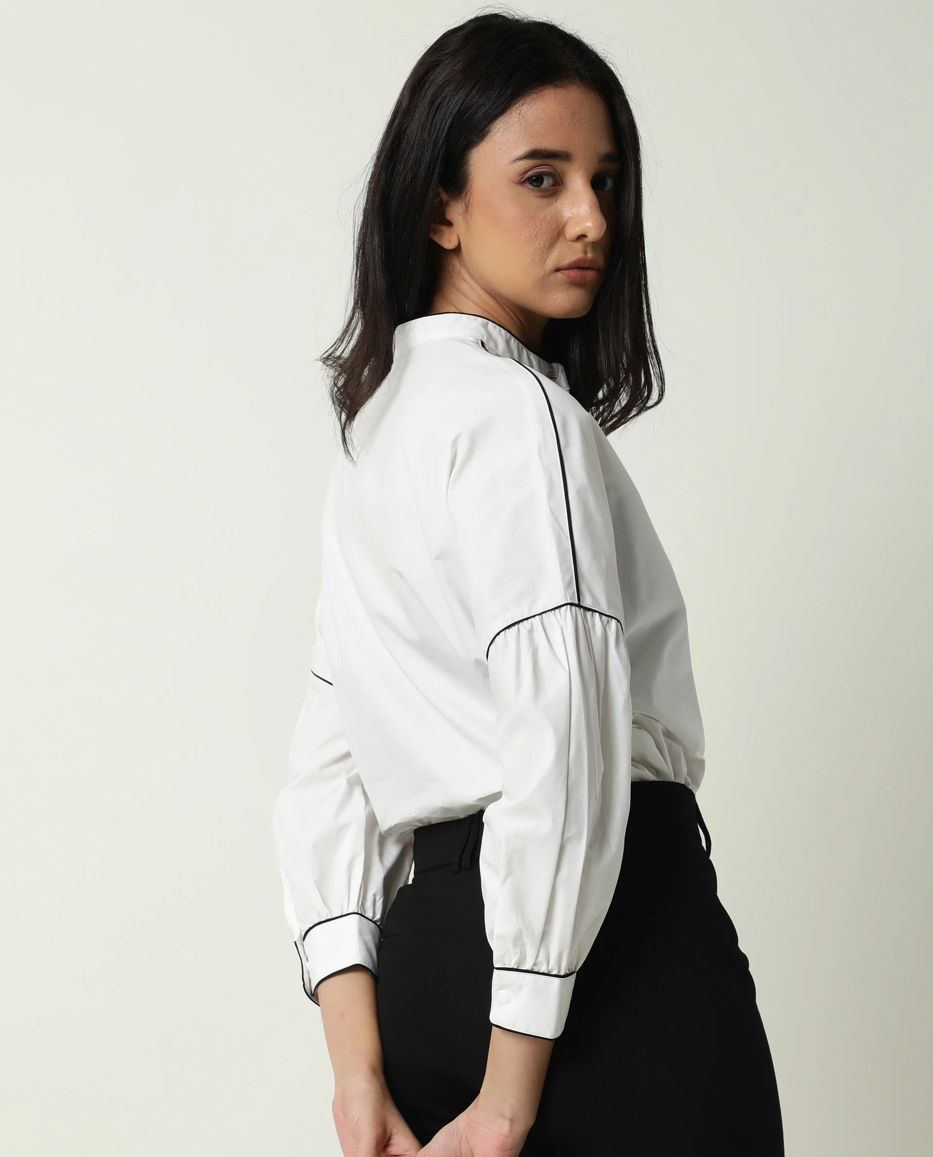 Rareism Womens Baki White Top Cotton Fabric Regular Fit Cuffed Sleeve Collared Neck - Image 10