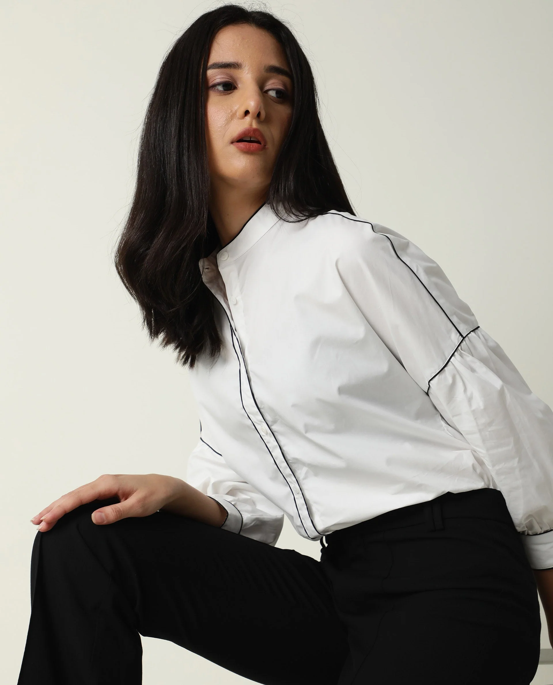 Rareism Womens Baki White Top Cotton Fabric Regular Fit Cuffed Sleeve Collared Neck - Image 11