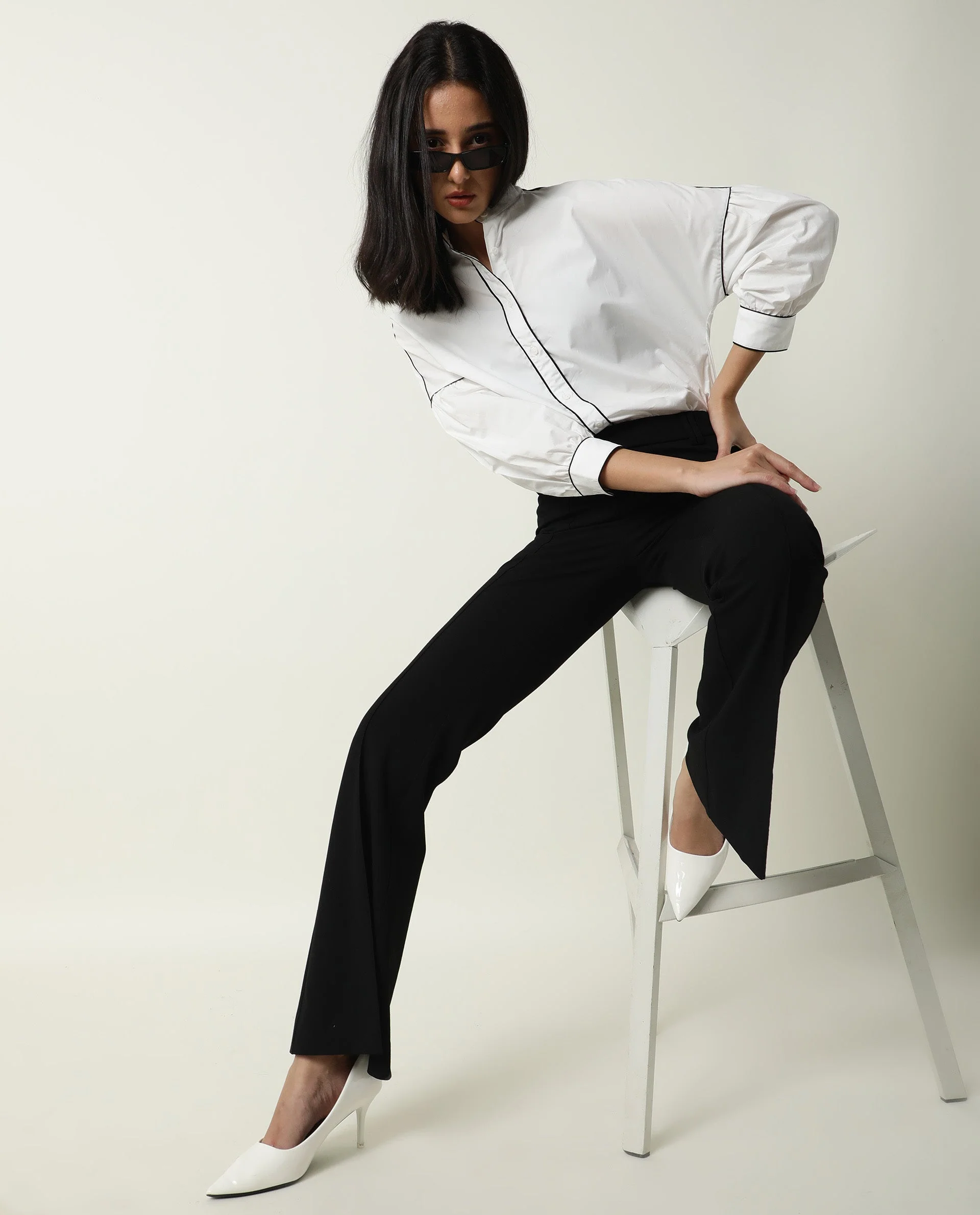 Rareism Womens Baki White Top Cotton Fabric Regular Fit Cuffed Sleeve Collared Neck - Image 12