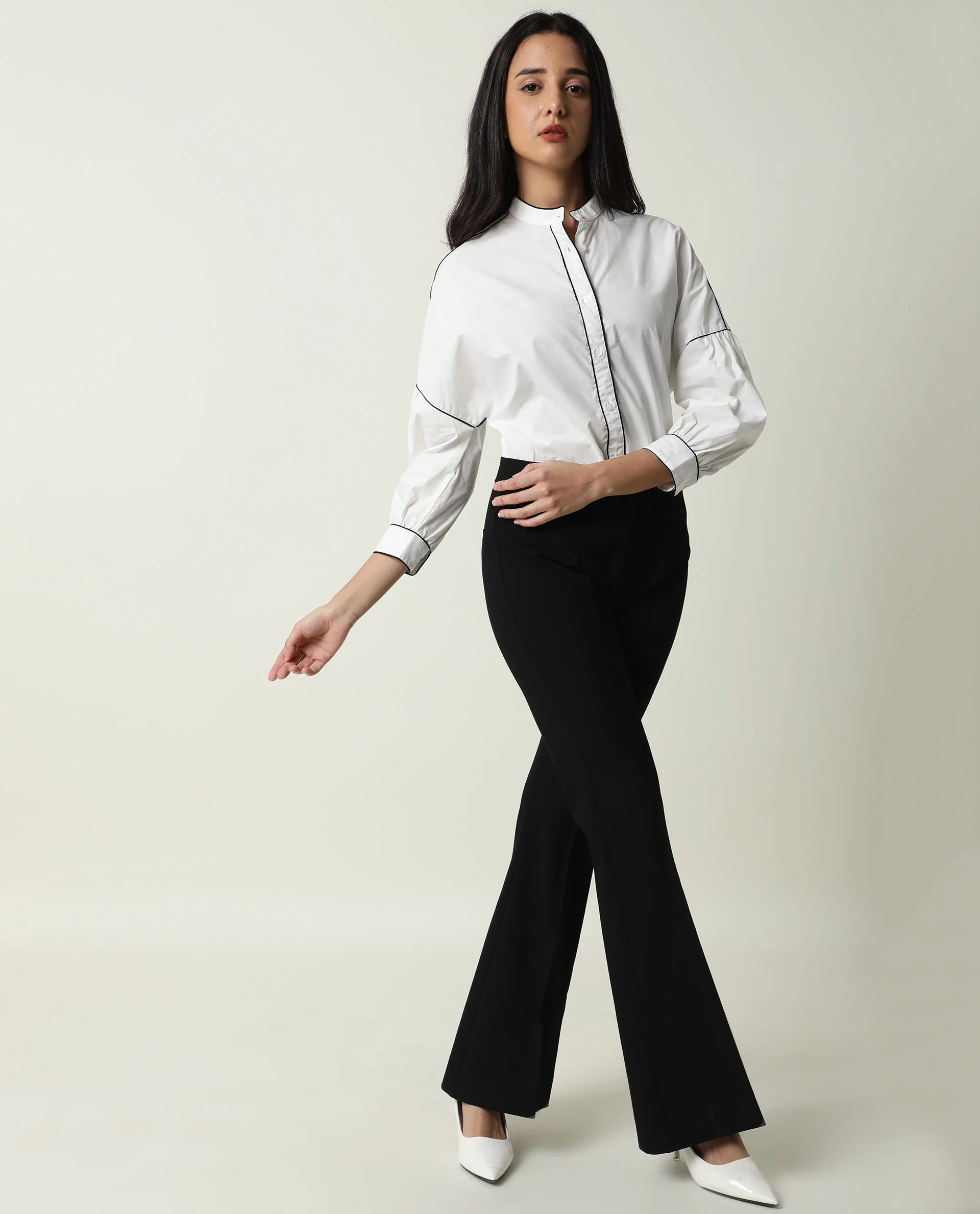 Rareism Womens Baki White Top Cotton Fabric Regular Fit Cuffed Sleeve Collared Neck - Image 4