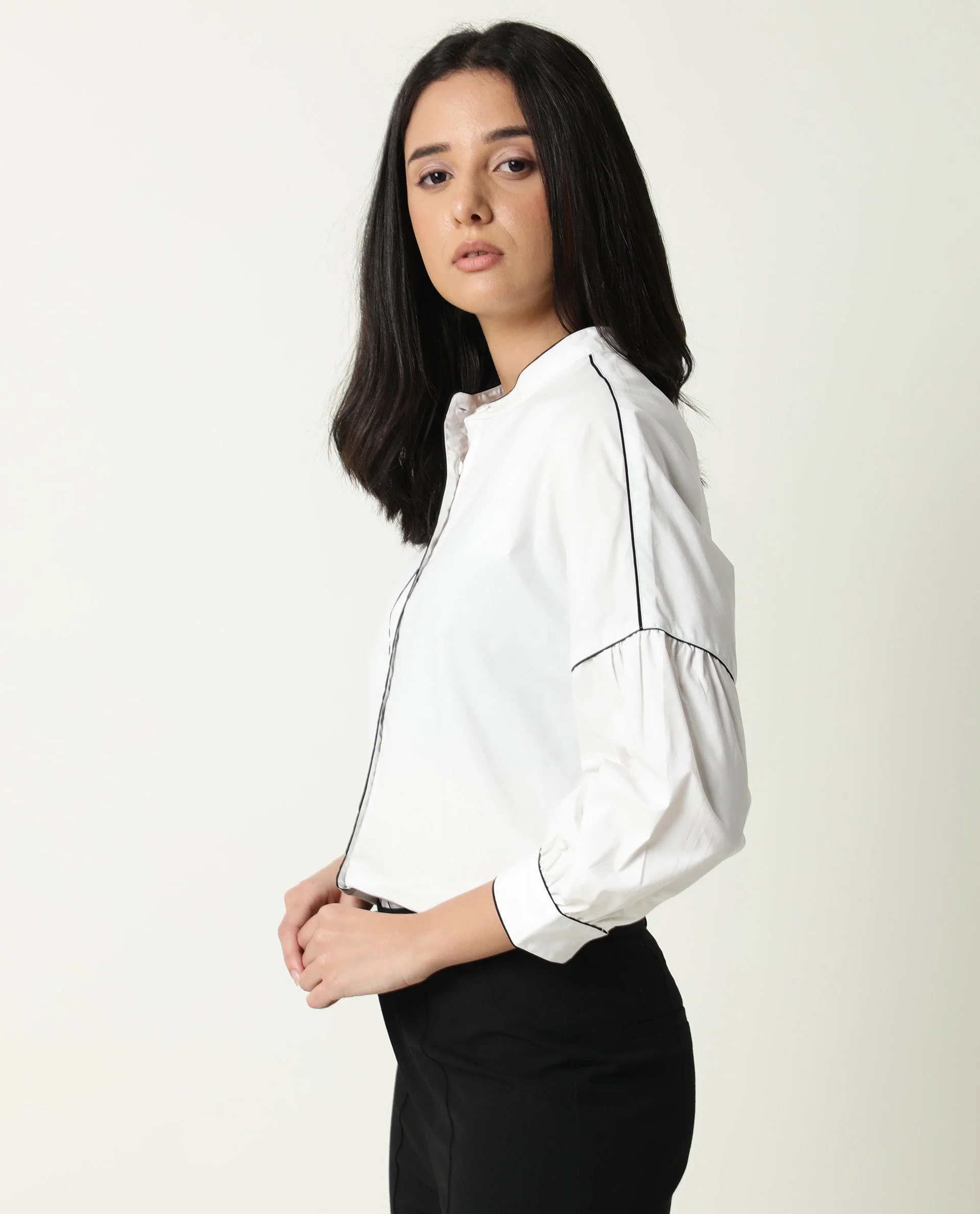 Rareism Womens Baki White Top Cotton Fabric Regular Fit Cuffed Sleeve Collared Neck - Image 7