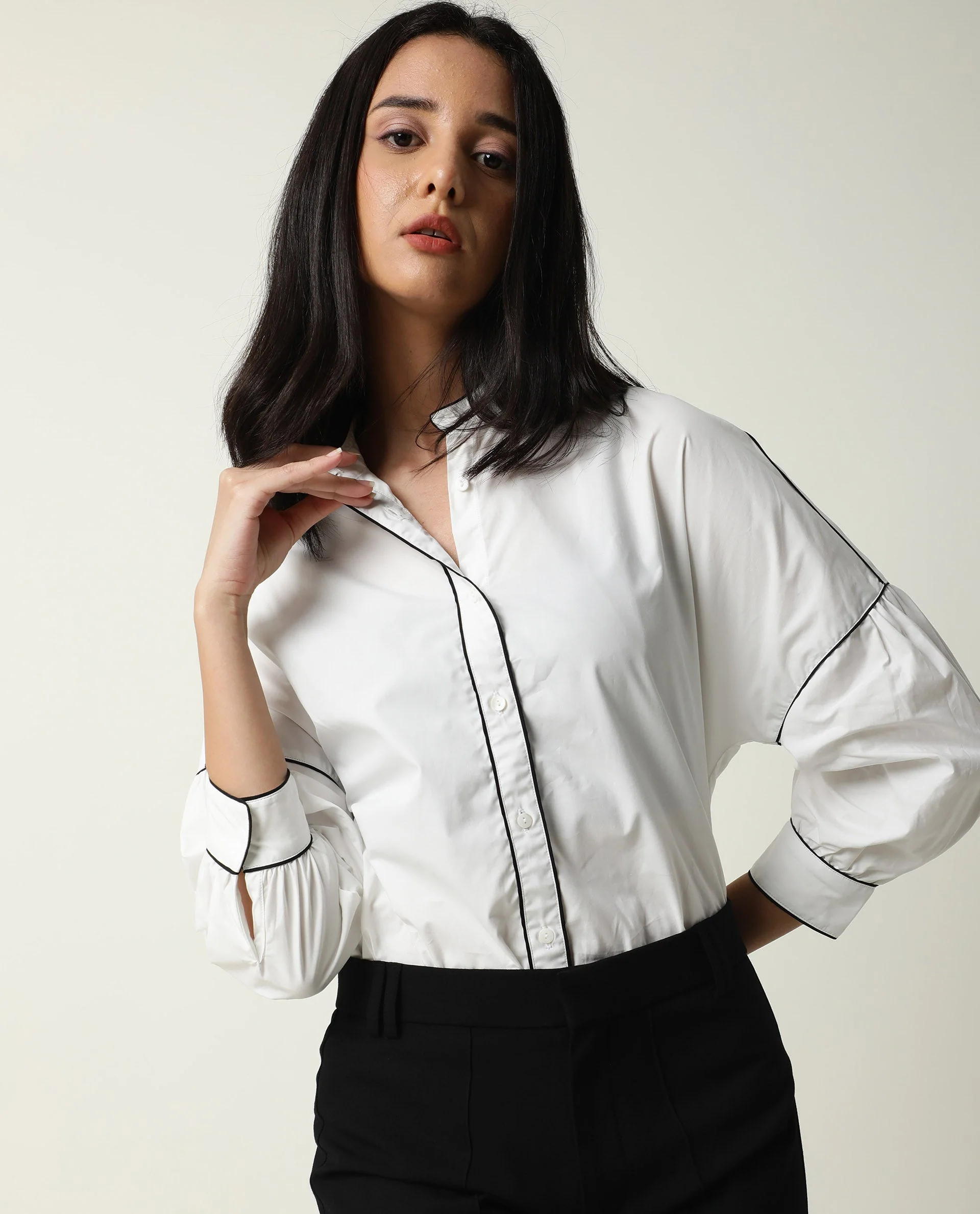 Rareism Womens Baki White Top Cotton Fabric Regular Fit Cuffed Sleeve Collared Neck - Image 8