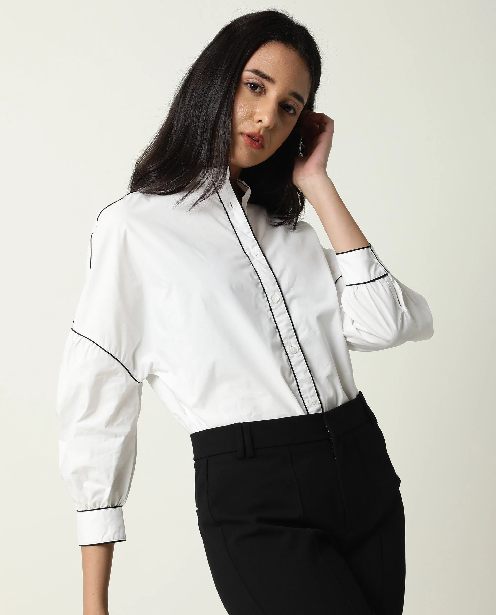 Rareism Womens Baki White Top Cotton Fabric Regular Fit Cuffed Sleeve Collared Neck - Image 9