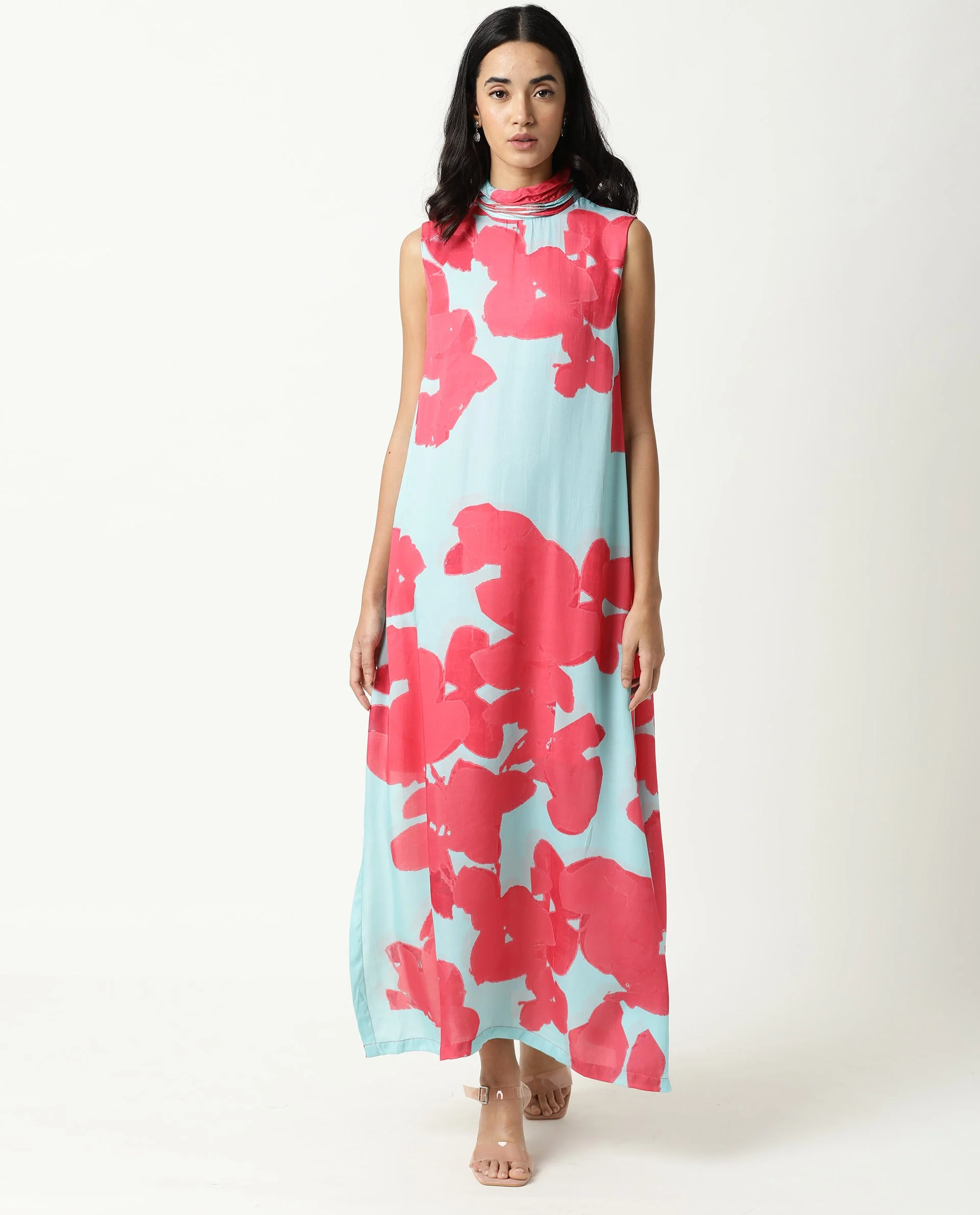 Rareism Womens Baldo Blue Dress Modal Satin Fabric Fitted Fit Sleeveless Ruffled Neck - Image 3