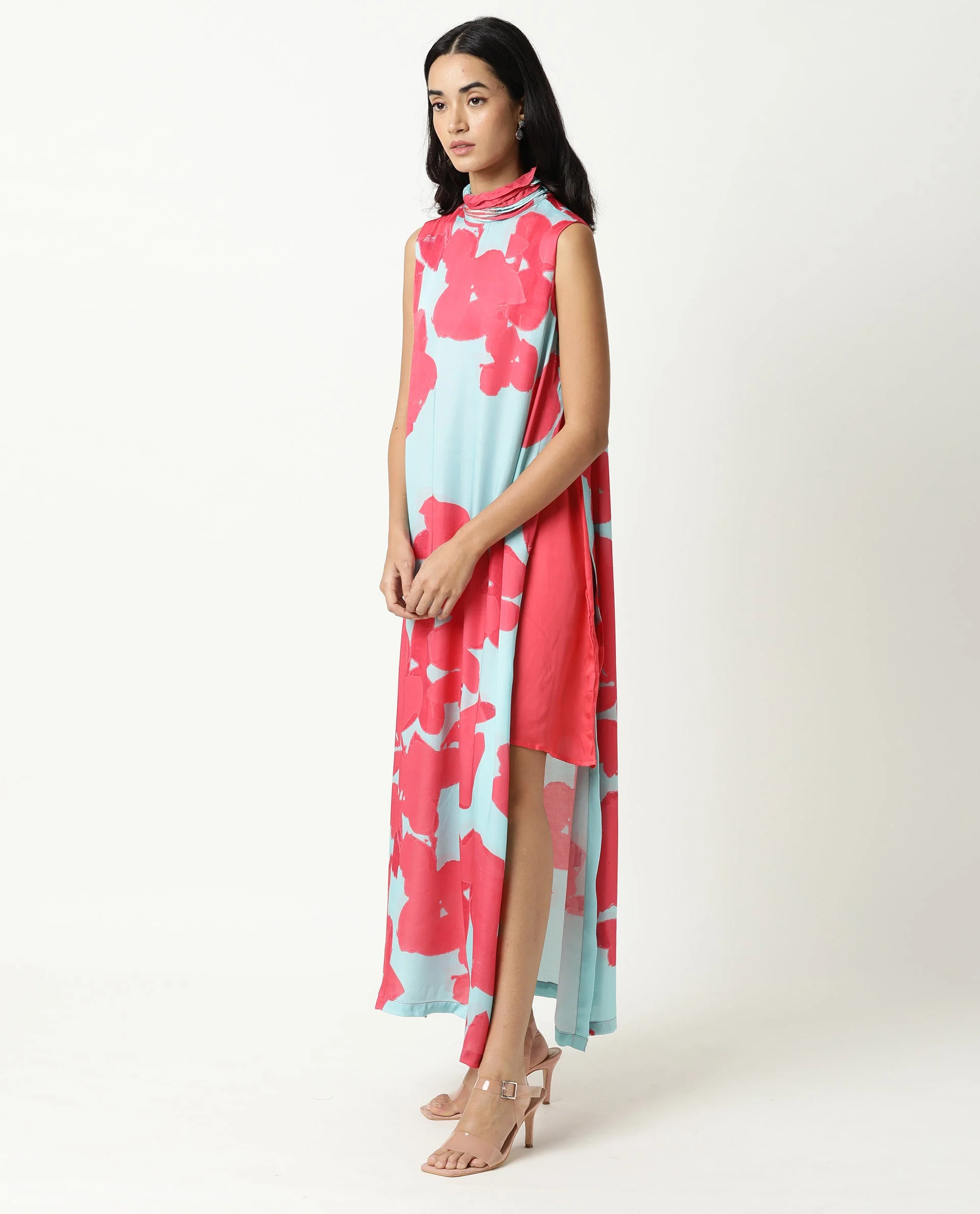 Rareism Womens Baldo Blue Dress Modal Satin Fabric Fitted Fit Sleeveless Ruffled Neck - Image 4