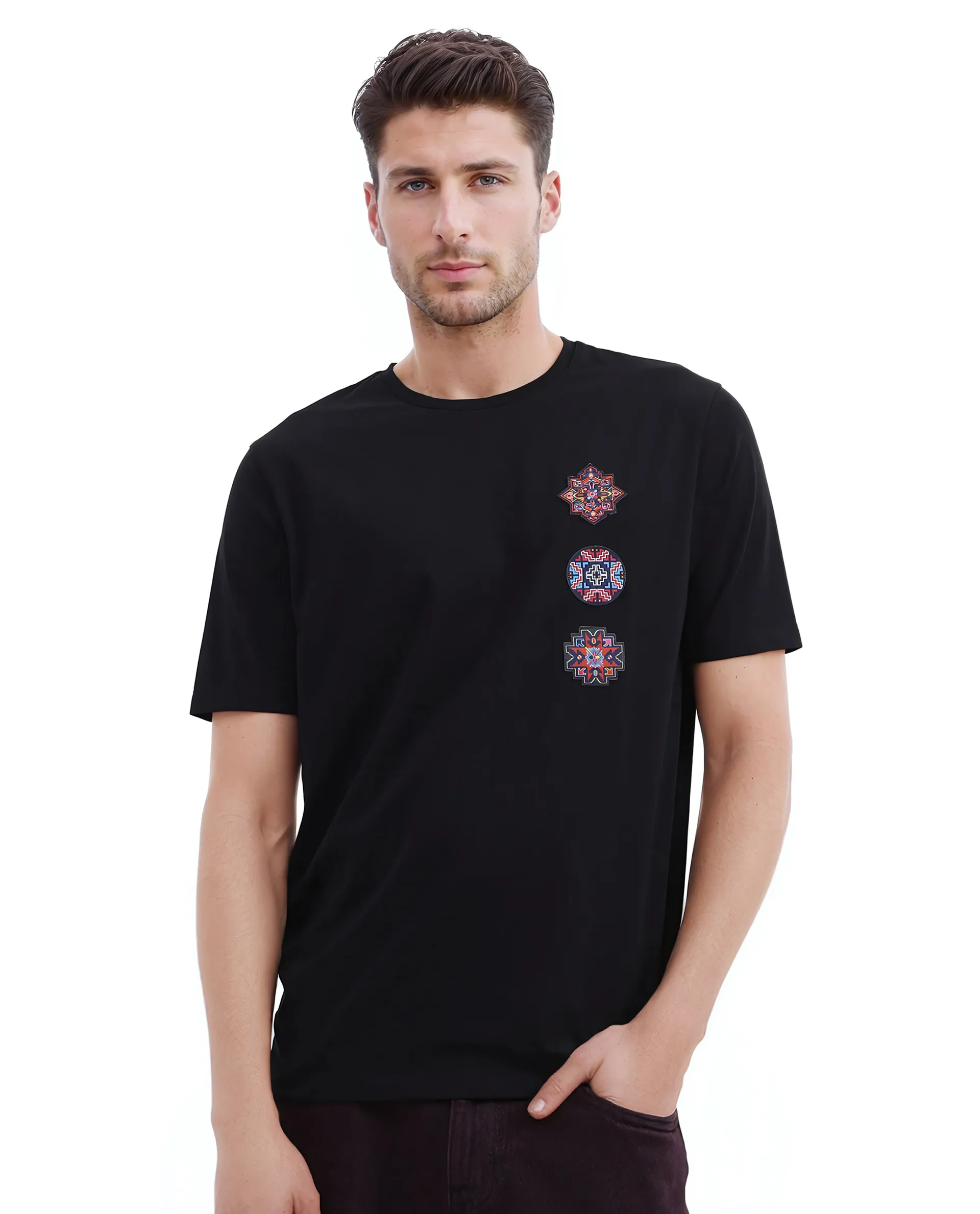 Rare Rabbit Men's Bale Black Cotton Blend Graphic Print Relaxed Fit Half Sleeve Crew Neck T-Shirt - Image 2