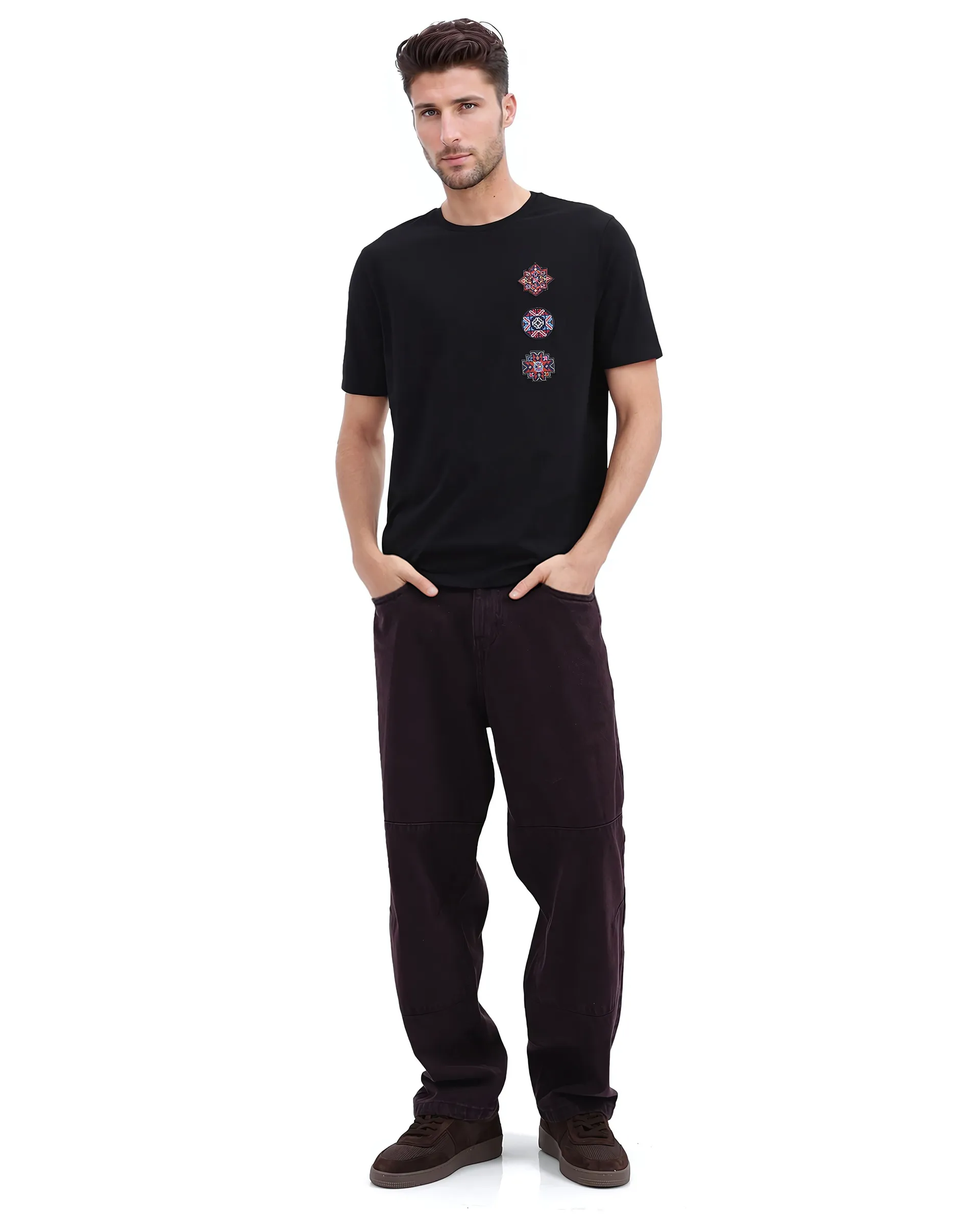 Rare Rabbit Men's Bale Black Cotton Blend Graphic Print Relaxed Fit Half Sleeve Crew Neck T-Shirt - Image 3