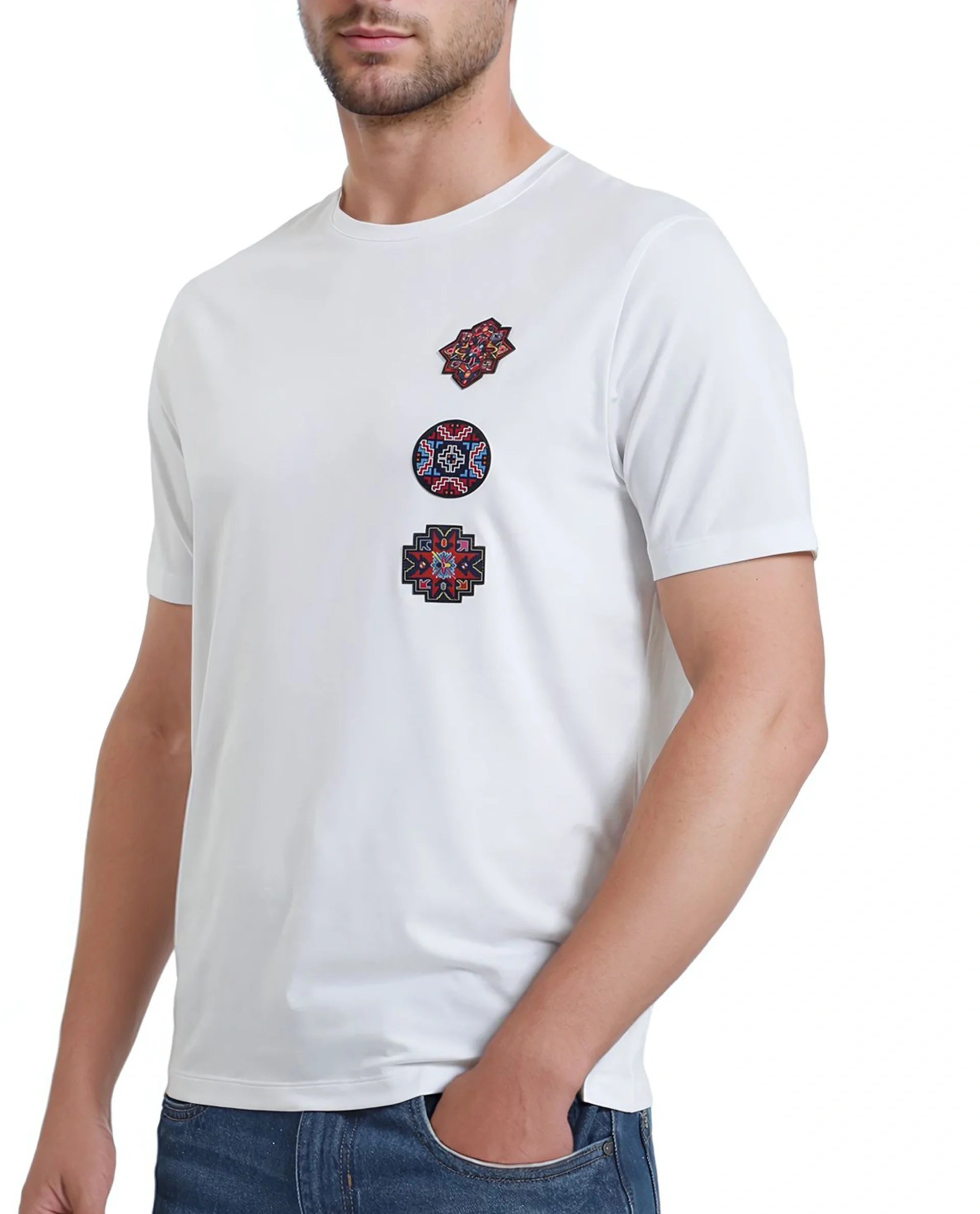 Rare Rabbit Men's Bale White Cotton Blend Graphic Print Relaxed Fit Half Sleeve Crew Neck T-Shirt - Image 2