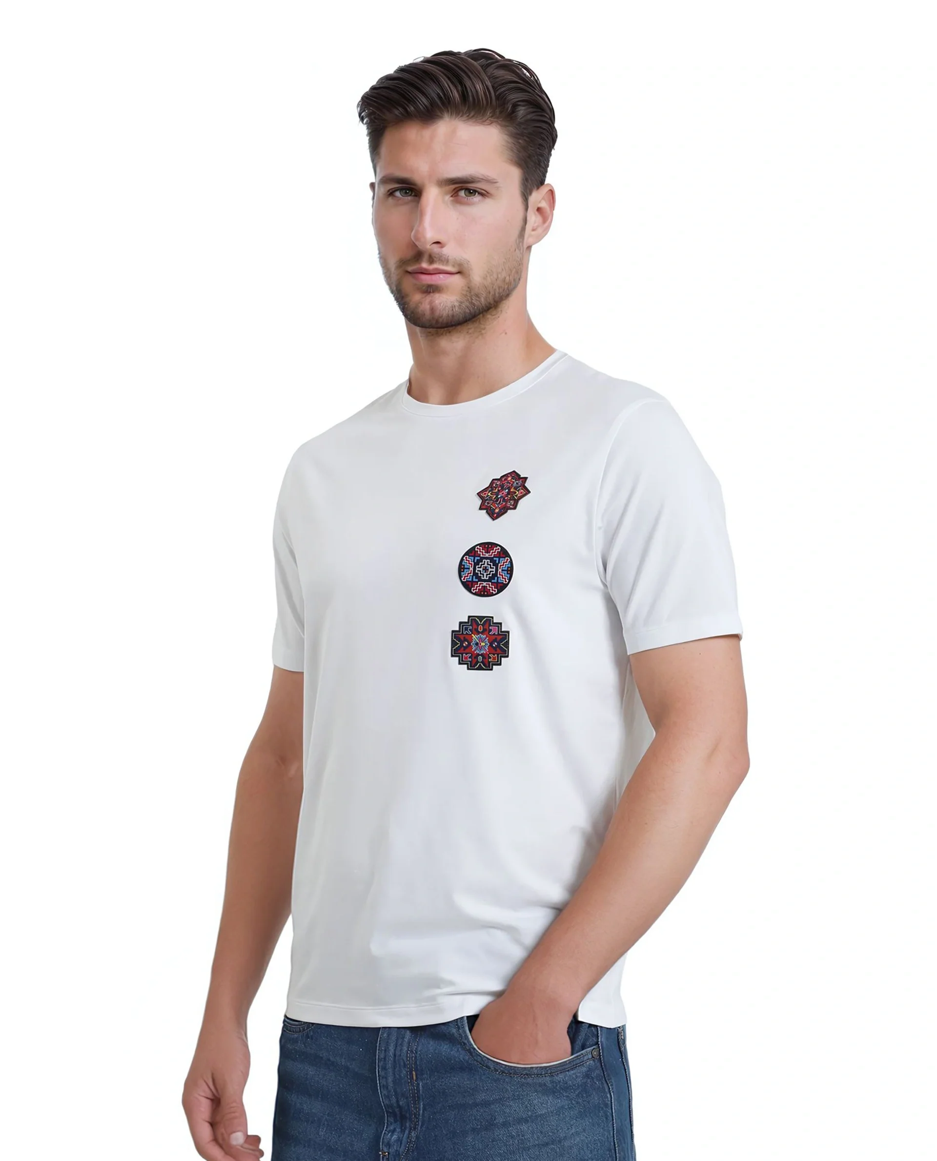 Rare Rabbit Men's Bale White Cotton Blend Graphic Print Relaxed Fit Half Sleeve Crew Neck T-Shirt - Image 3