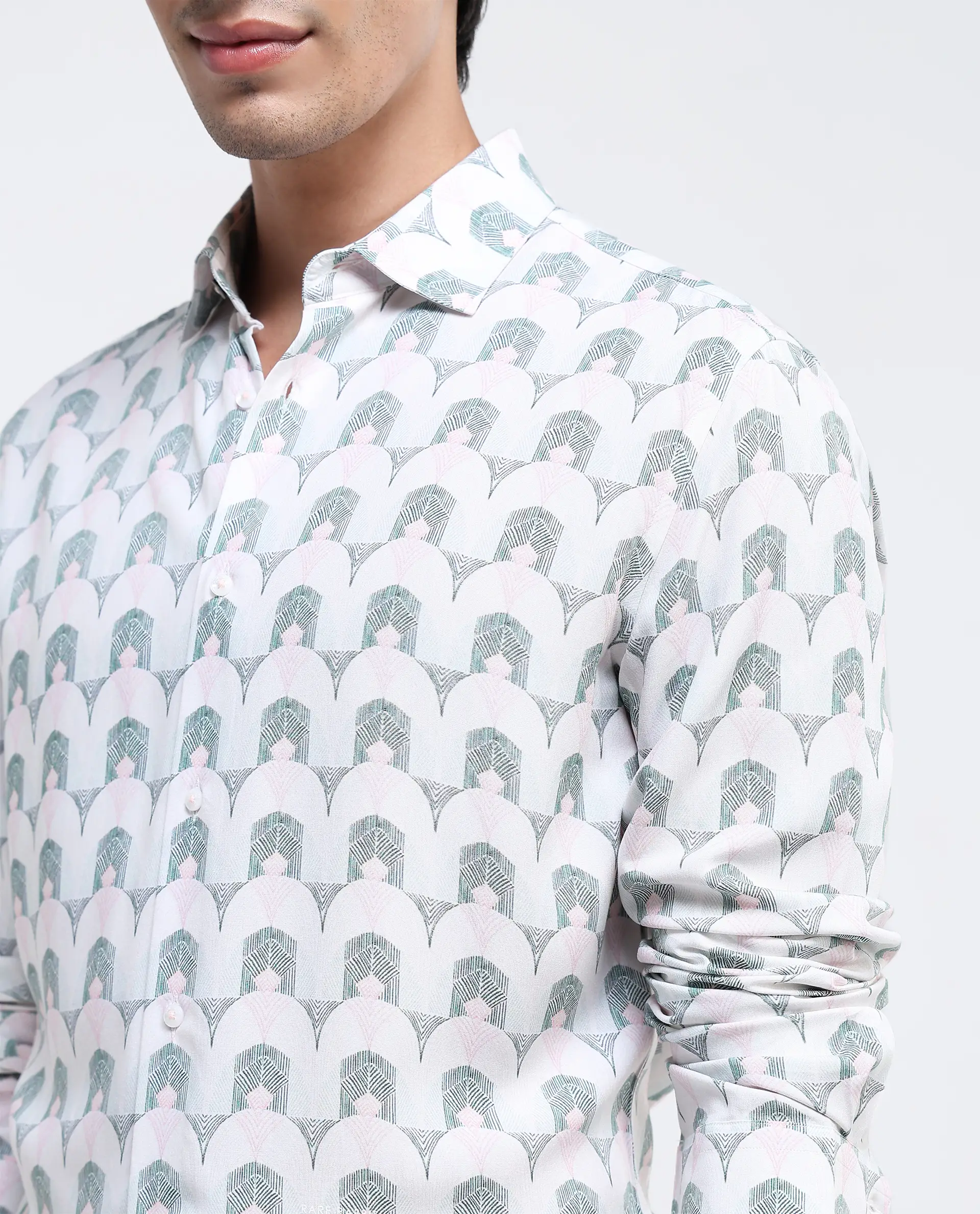 Rare Rabbit Men's Balic-1 Pastel Green Cotton Blend Geometric Print Regular Fit Full Sleeve Collared Shirt - Image 3