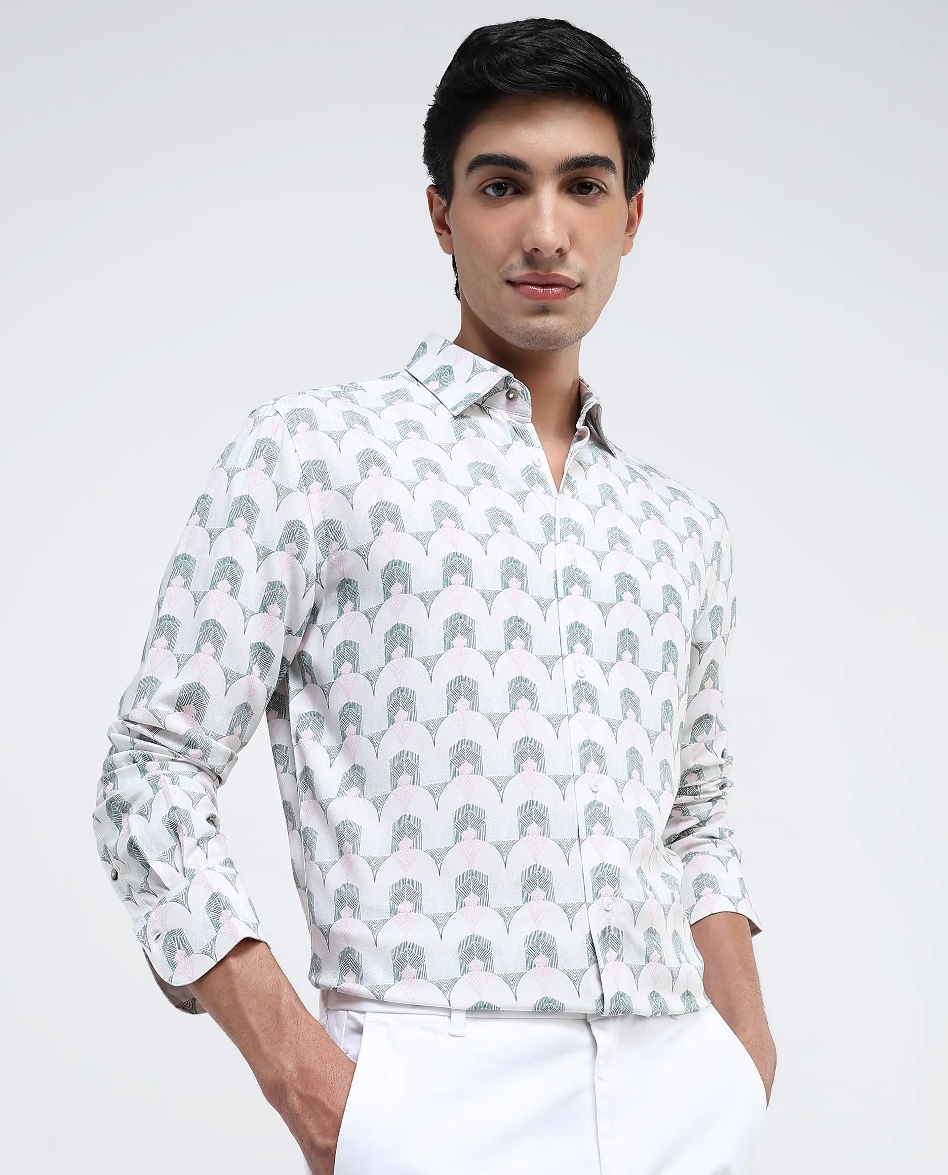 Rare Rabbit Men's Balic-1 Pastel Green Cotton Blend Geometric Print Regular Fit Full Sleeve Collared Shirt - Image 5