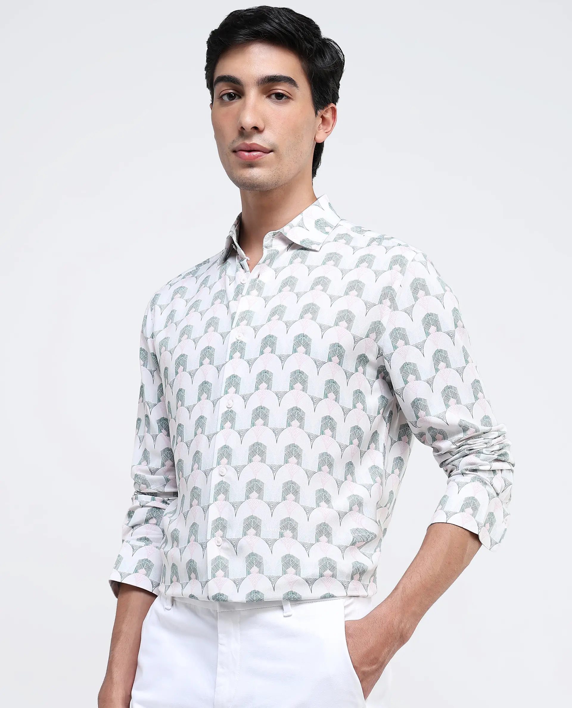 Rare Rabbit Men's Balic-1 Pastel Green Cotton Blend Geometric Print Regular Fit Full Sleeve Collared Shirt - Image 6