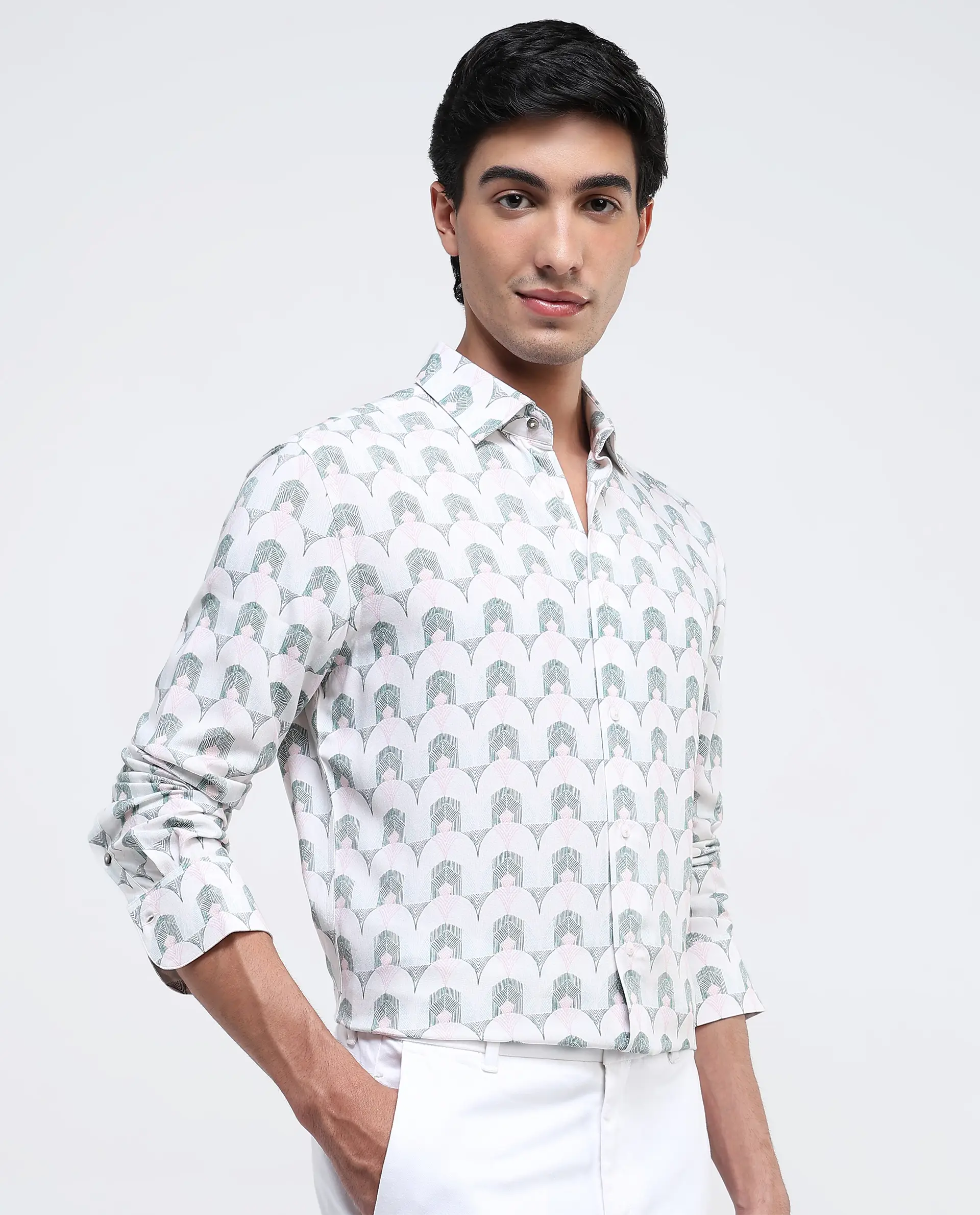 Rare Rabbit Men's Balic-1 Pastel Green Cotton Blend Geometric Print Regular Fit Full Sleeve Collared Shirt - Image 7
