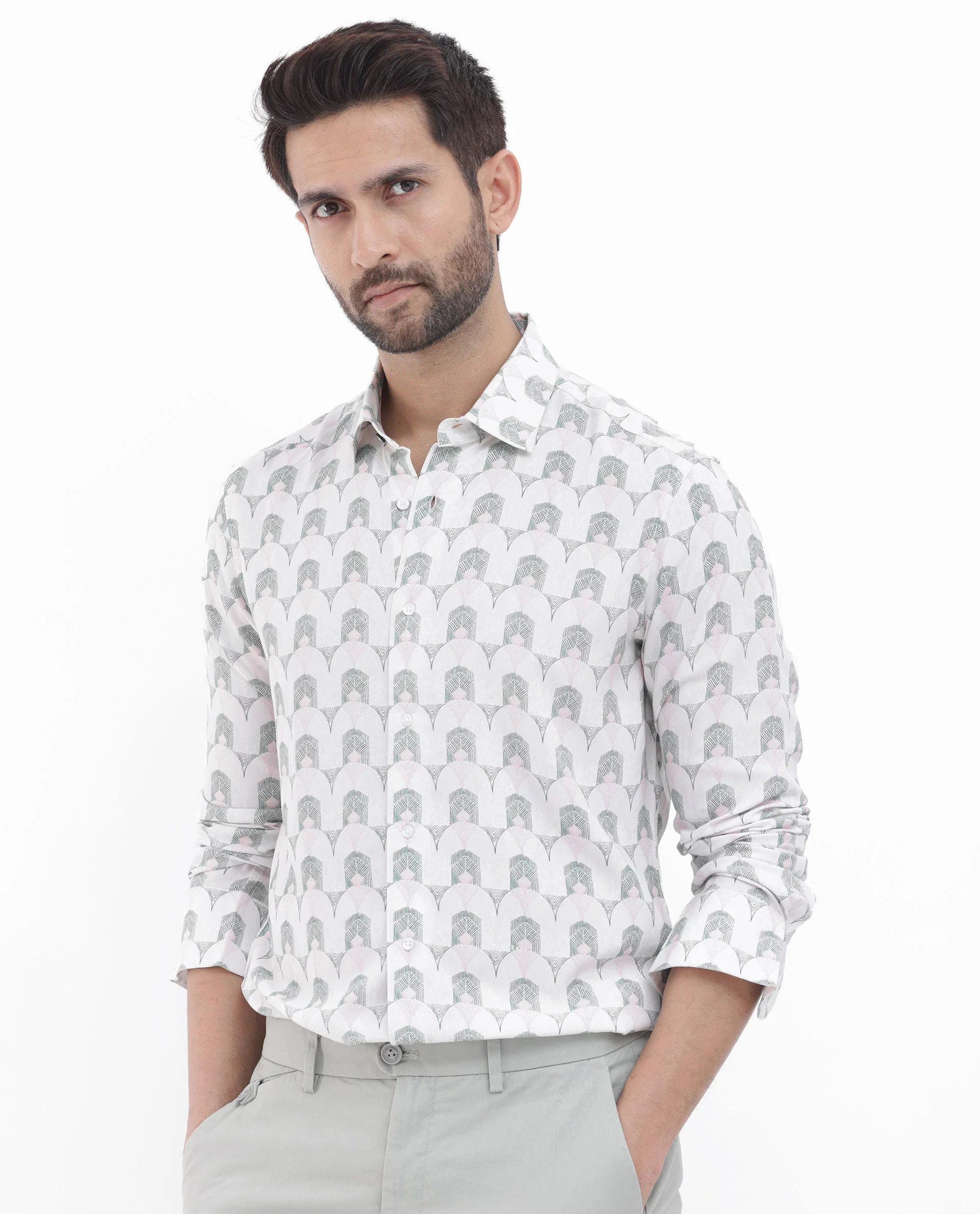 Rare Rabbit Men's Balic Pastel Green Viscose Geometric Print Regular Fit Full Sleeve Collared Shirt - Image 3