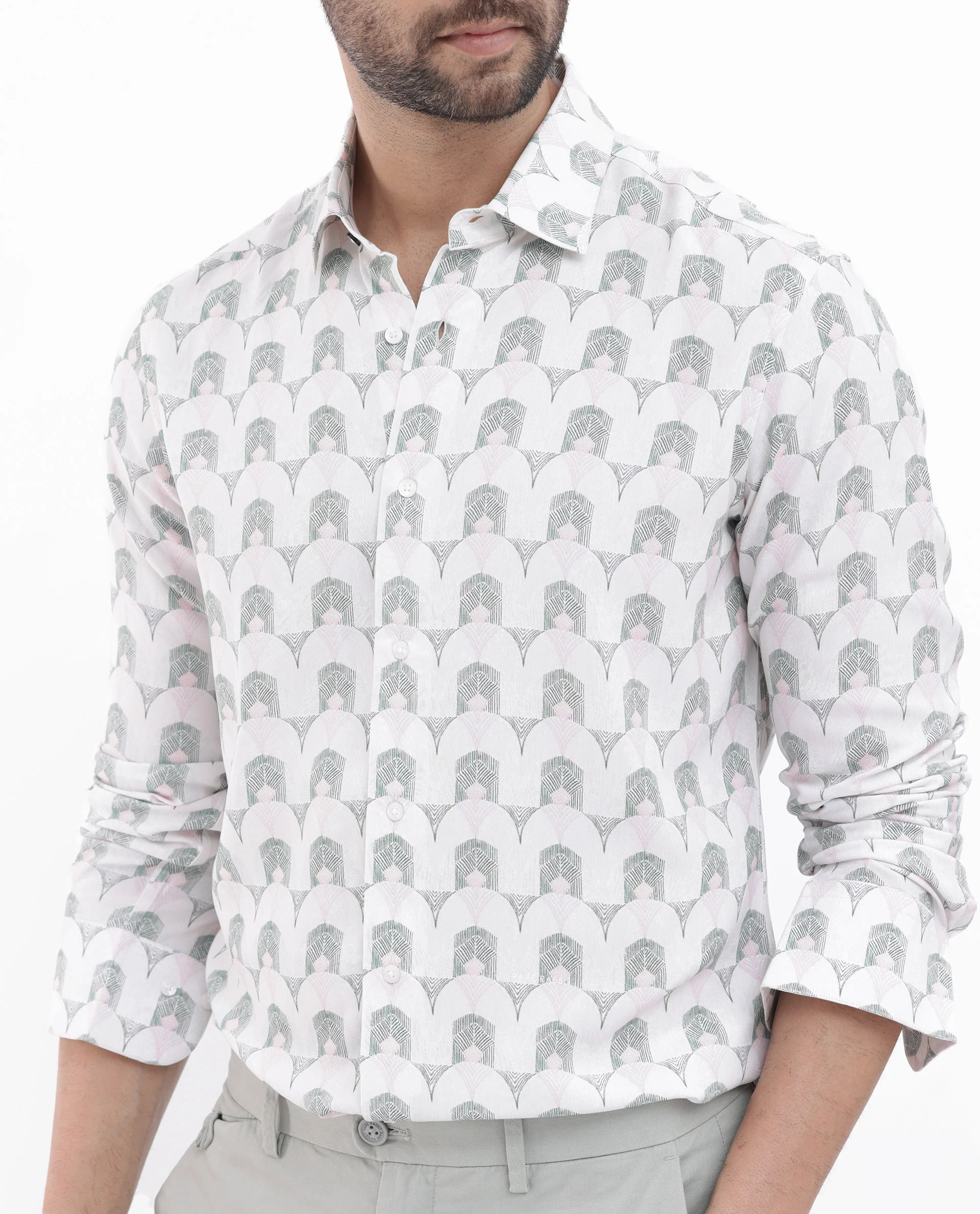Rare Rabbit Men's Balic Pastel Green Viscose Geometric Print Regular Fit Full Sleeve Collared Shirt - Image 6
