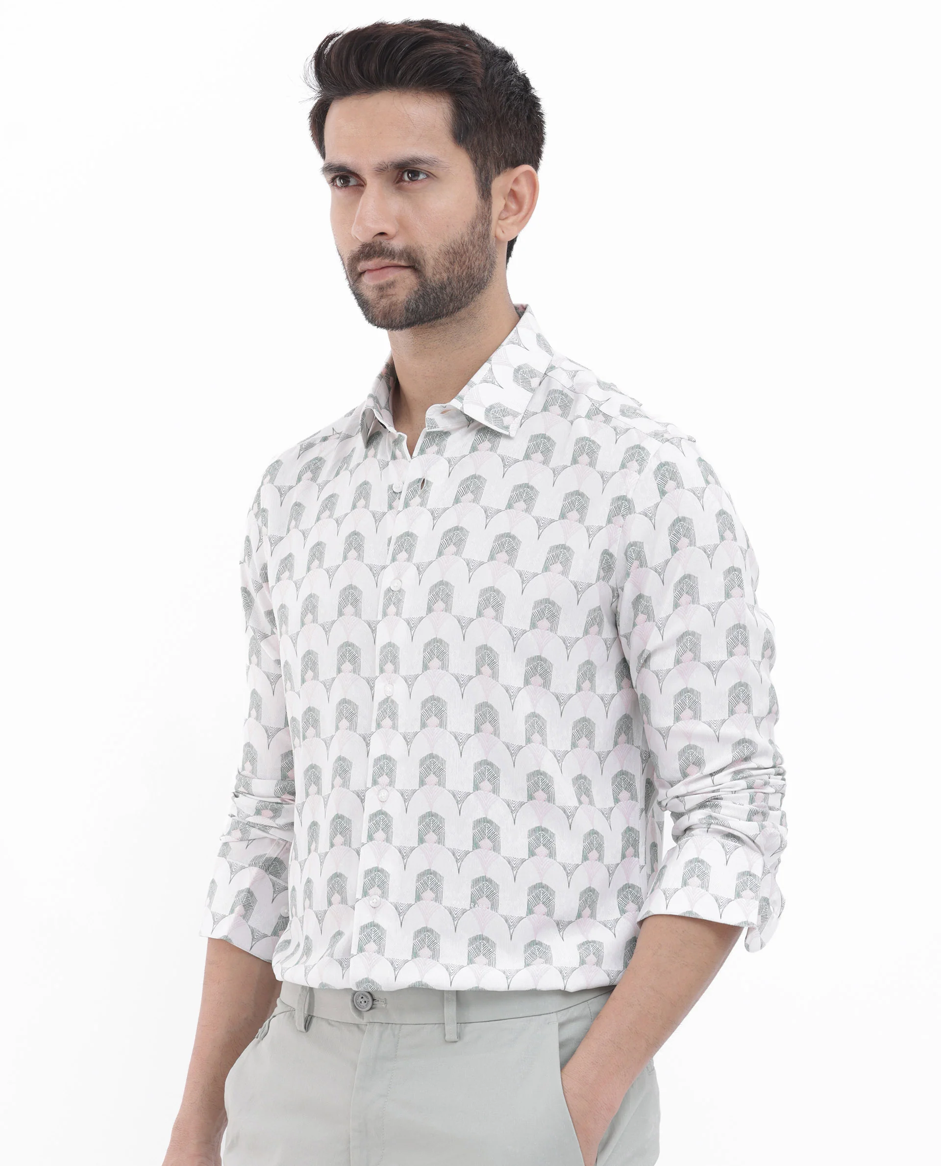 Rare Rabbit Men's Balic Pastel Green Viscose Geometric Print Regular Fit Full Sleeve Collared Shirt - Image 7