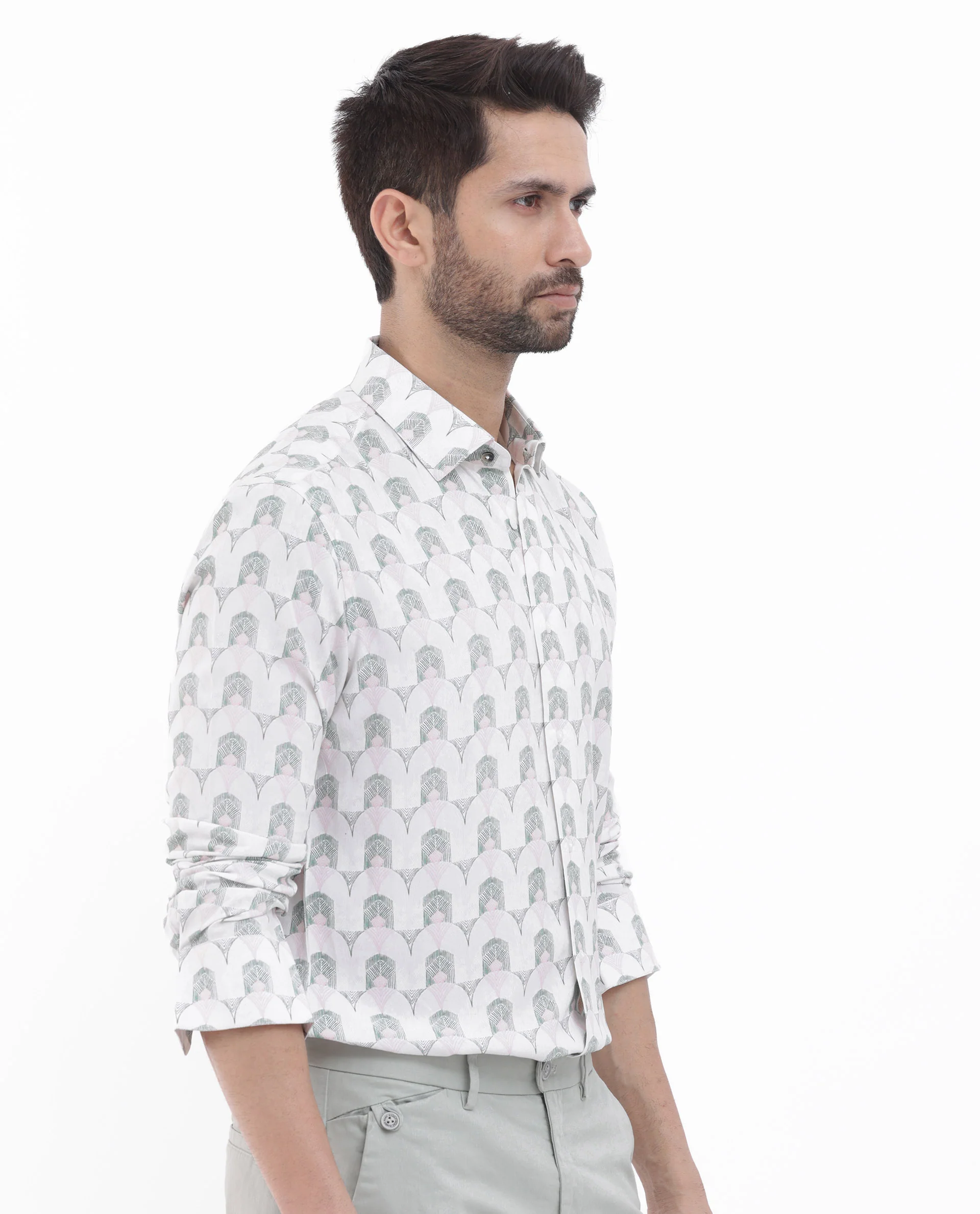 Rare Rabbit Men's Balic Pastel Green Viscose Geometric Print Regular Fit Full Sleeve Collared Shirt - Image 8