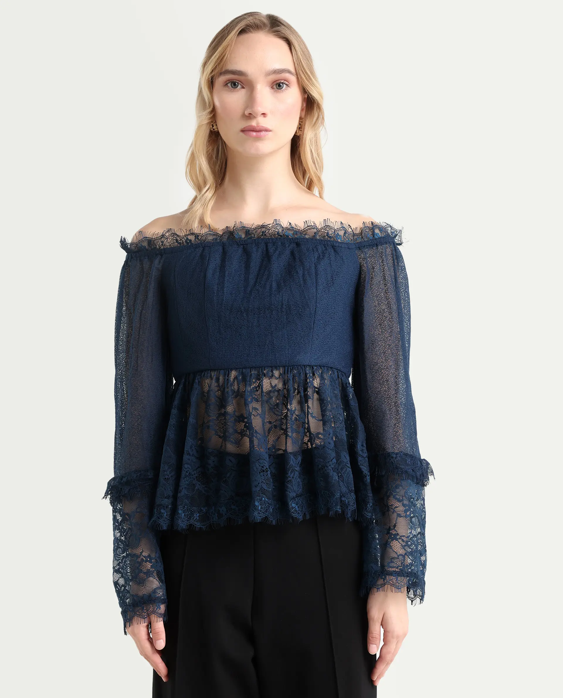 Rareism Women's Balikesar Blue Polyester Off Shoulder Plain Flared Sleeve Flared Top - Image 3