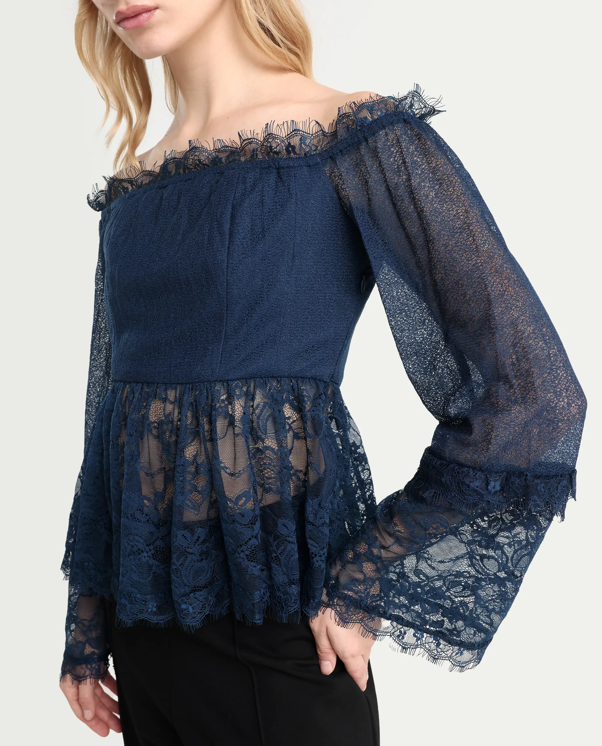 Rareism Women's Balikesar Blue Polyester Off Shoulder Plain Flared Sleeve Flared Top - Image 4