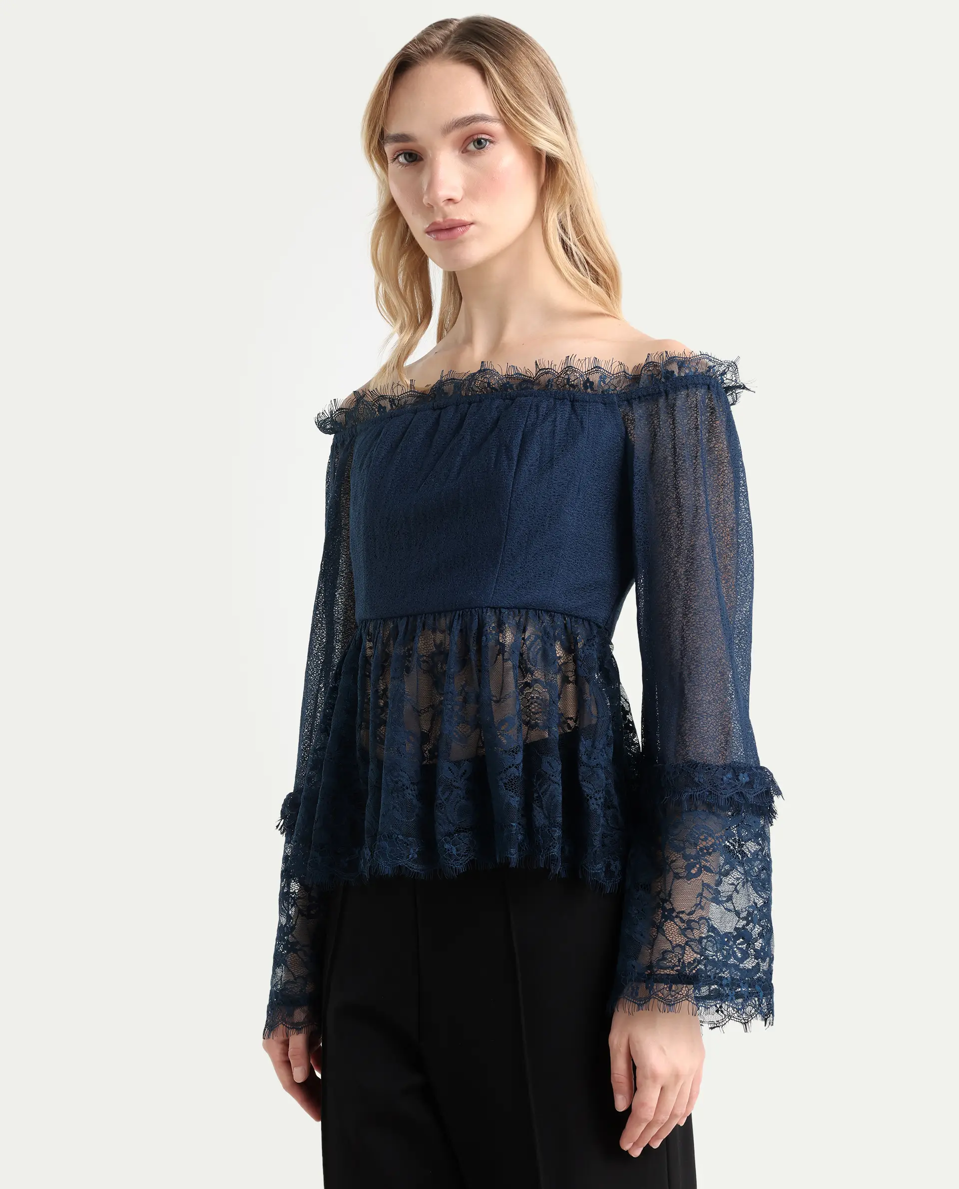 Rareism Women's Balikesar Blue Polyester Off Shoulder Plain Flared Sleeve Flared Top - Image 5