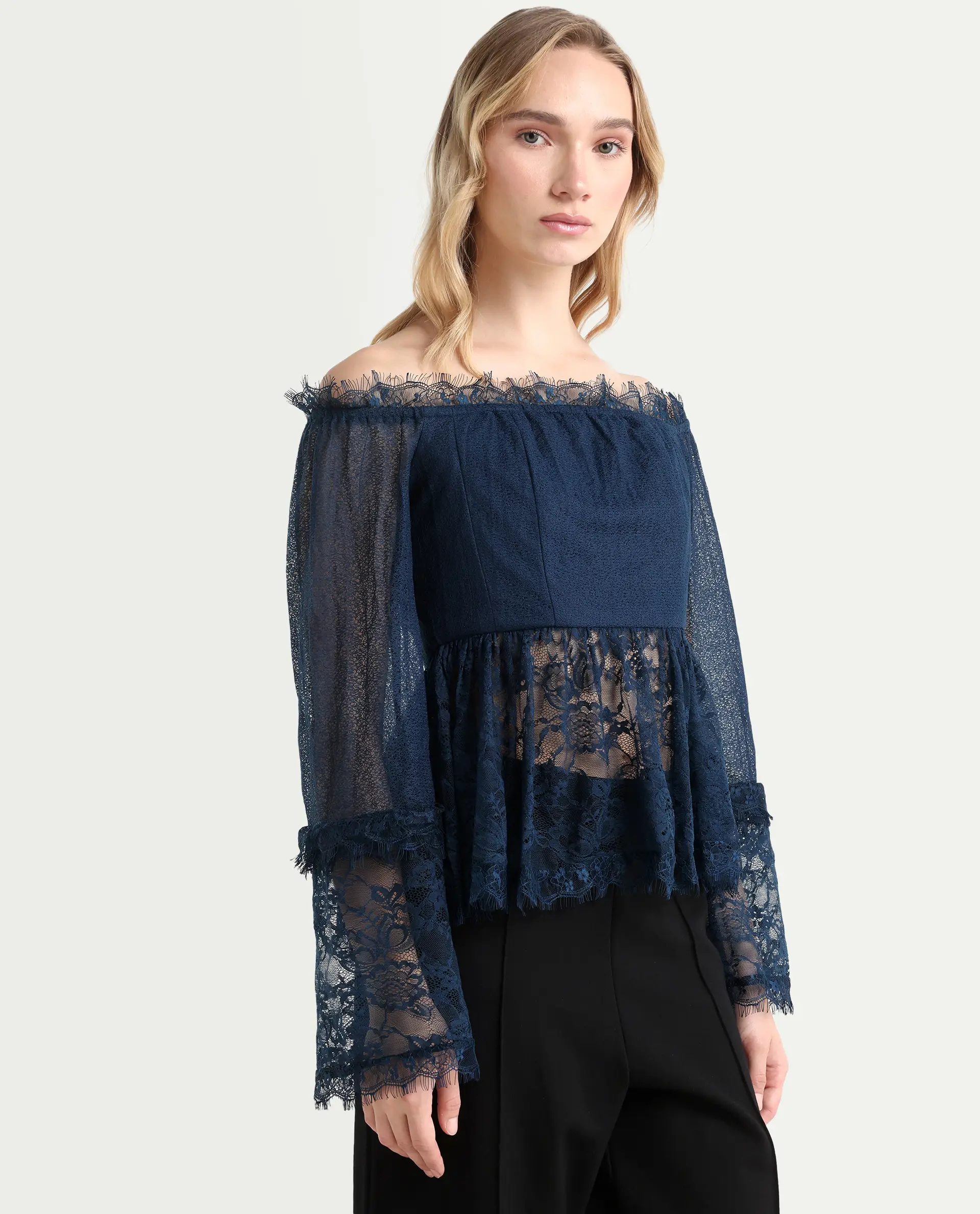 Rareism Women's Balikesar Blue Polyester Off Shoulder Plain Flared Sleeve Flared Top - Image 6
