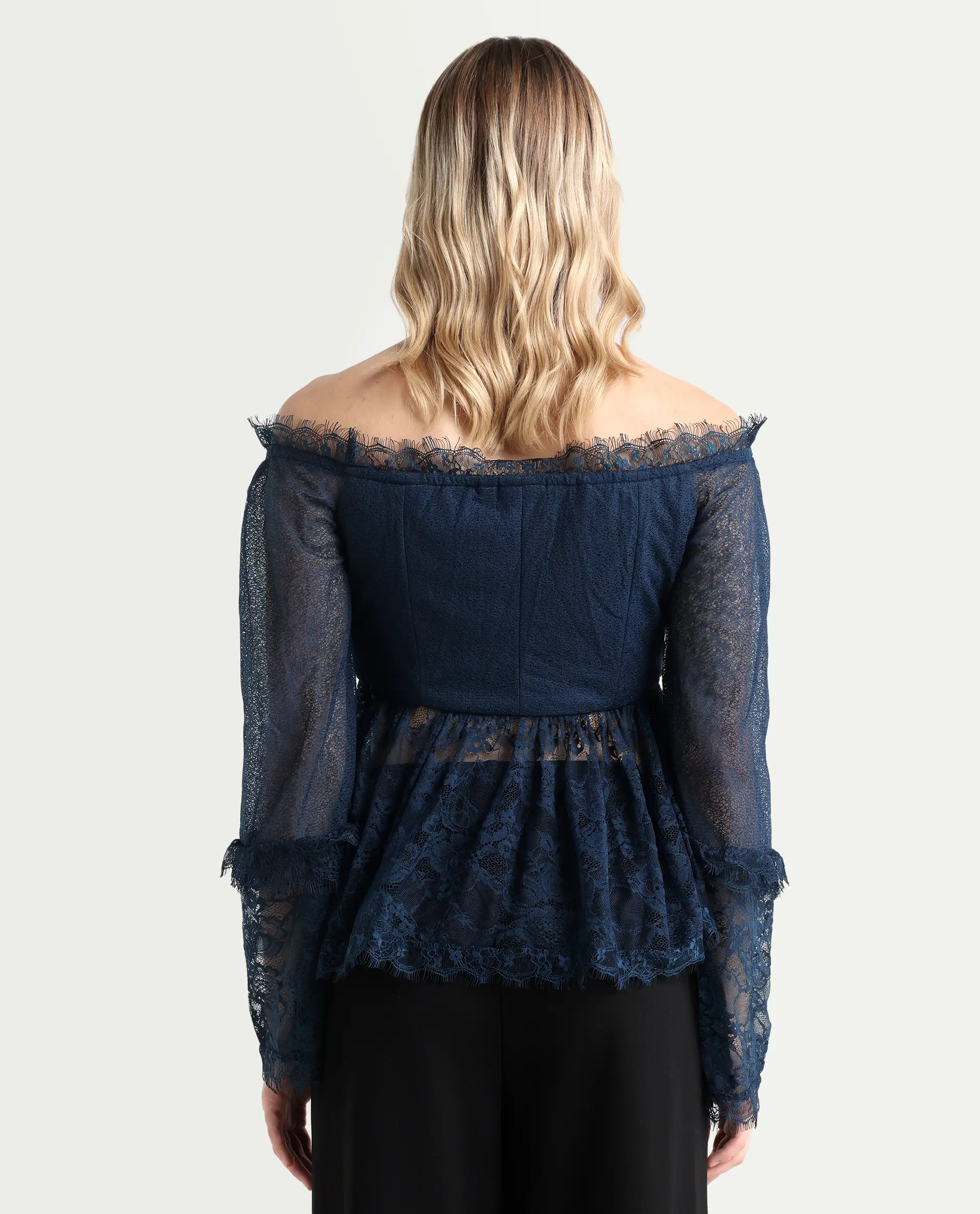 Rareism Women's Balikesar Blue Polyester Off Shoulder Plain Flared Sleeve Flared Top - Image 7